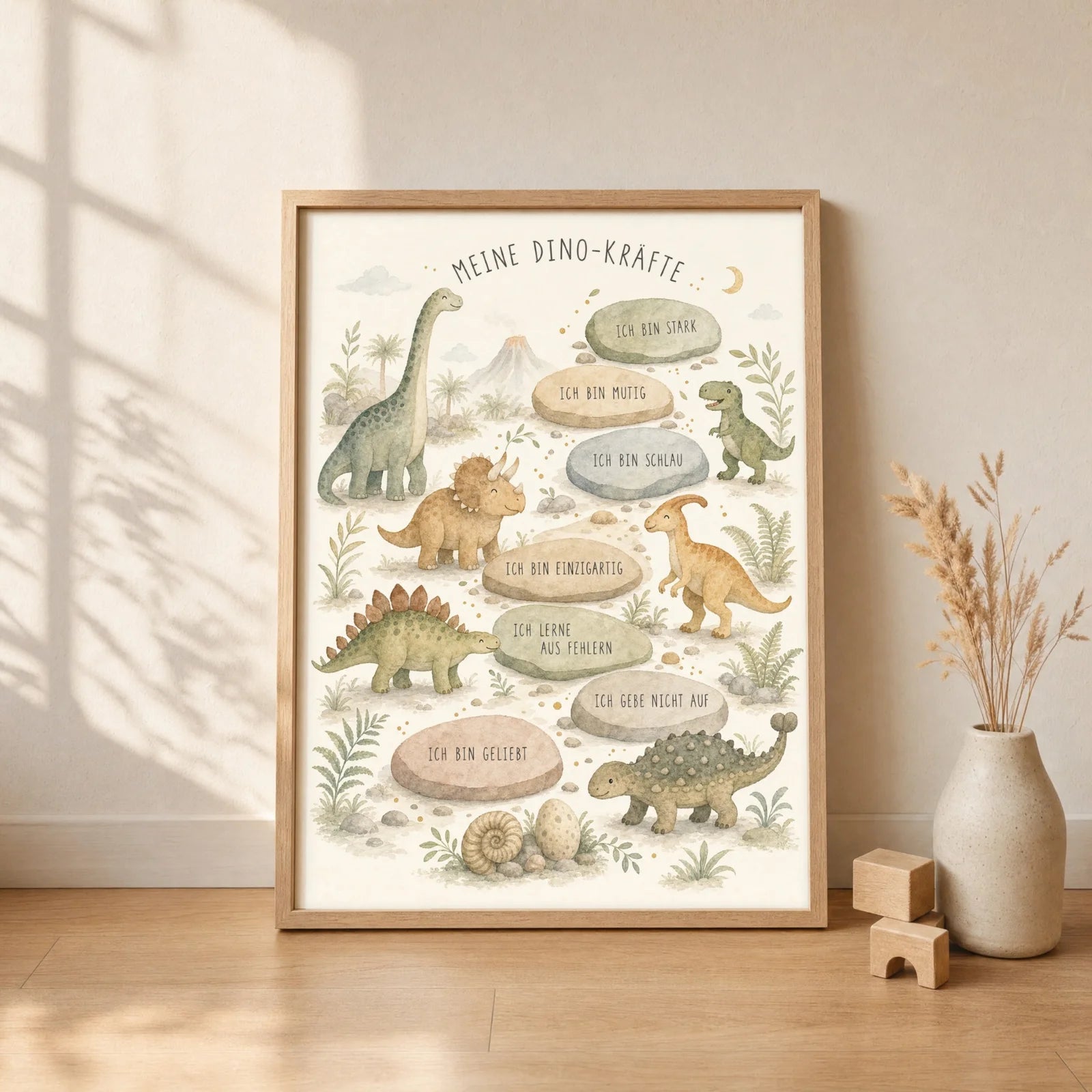 Affirmationsposter Kinderzimmer Dino-KrÀfte, gerahmt im Format 30 x 40 cm