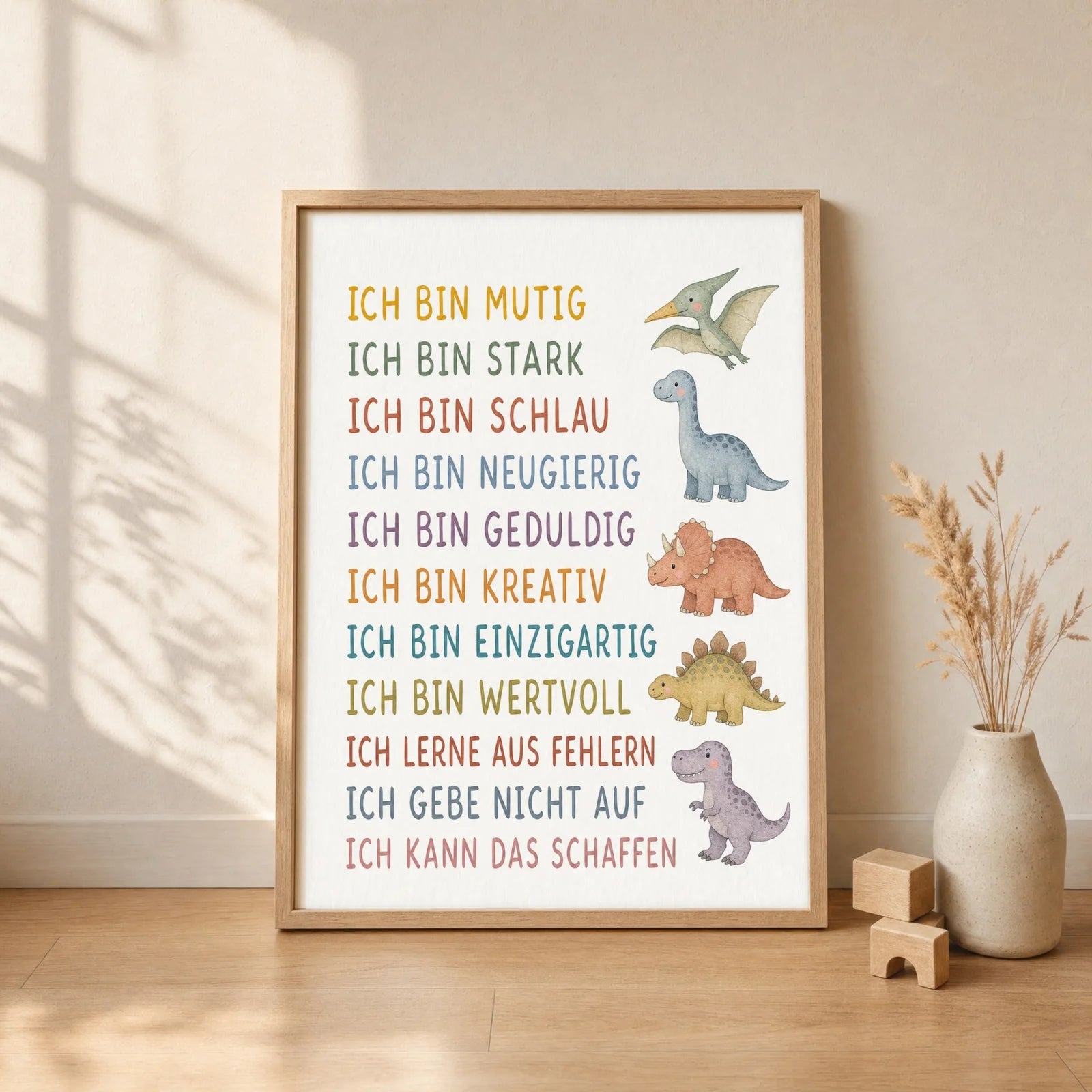 Affirmationsposter Kinderzimmer Dinos, gerahmt im Format 30 x 40 cm
