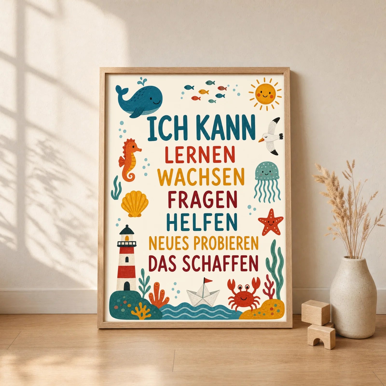 Affirmationsposter Kinderzimmer Meer Ich kann lernen, gerahmt im Format 30 x 40 cm