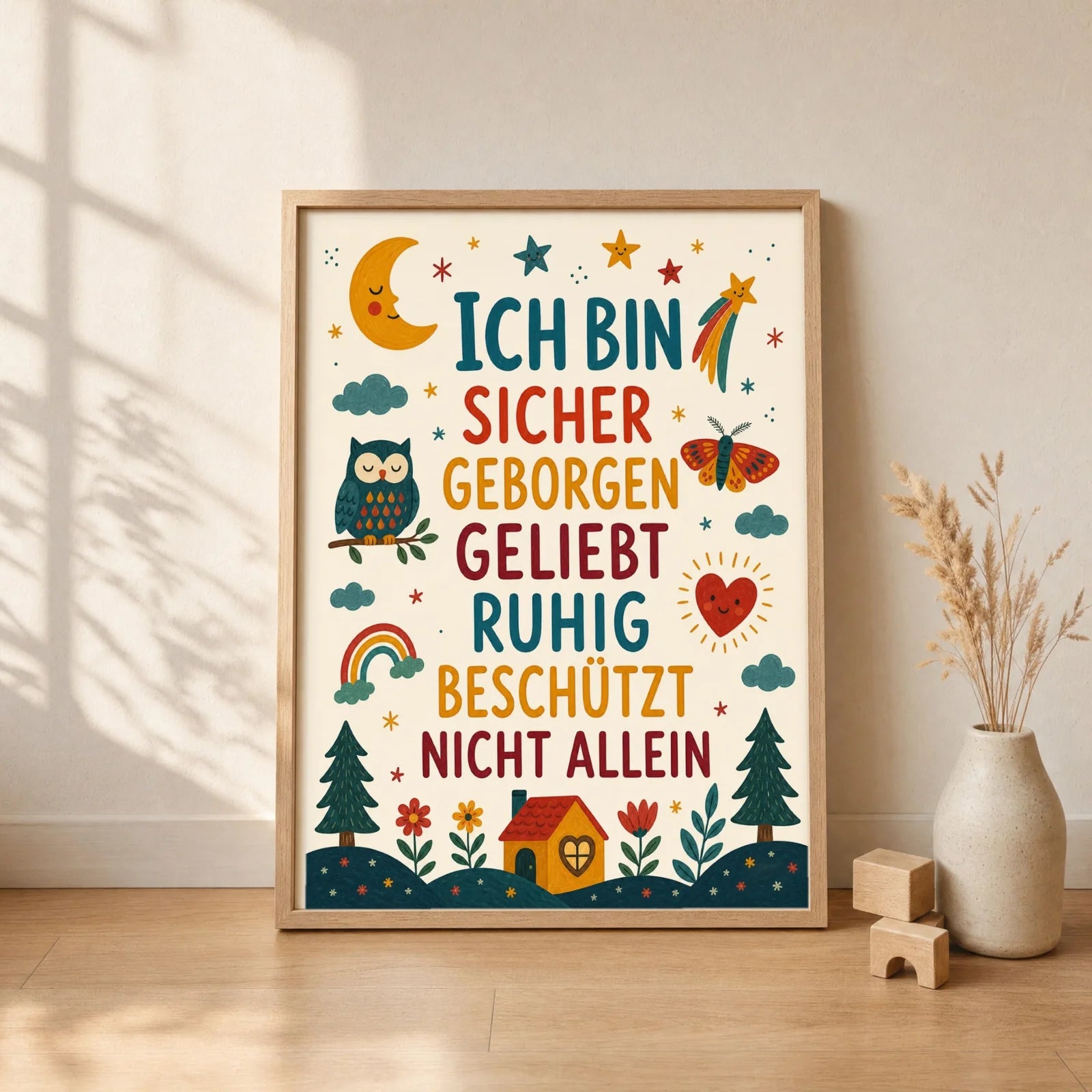 Affirmationsposter Kinderzimmer Nachthimmel Ich bin sicher, gerahmt im Format 30 x 40 cm