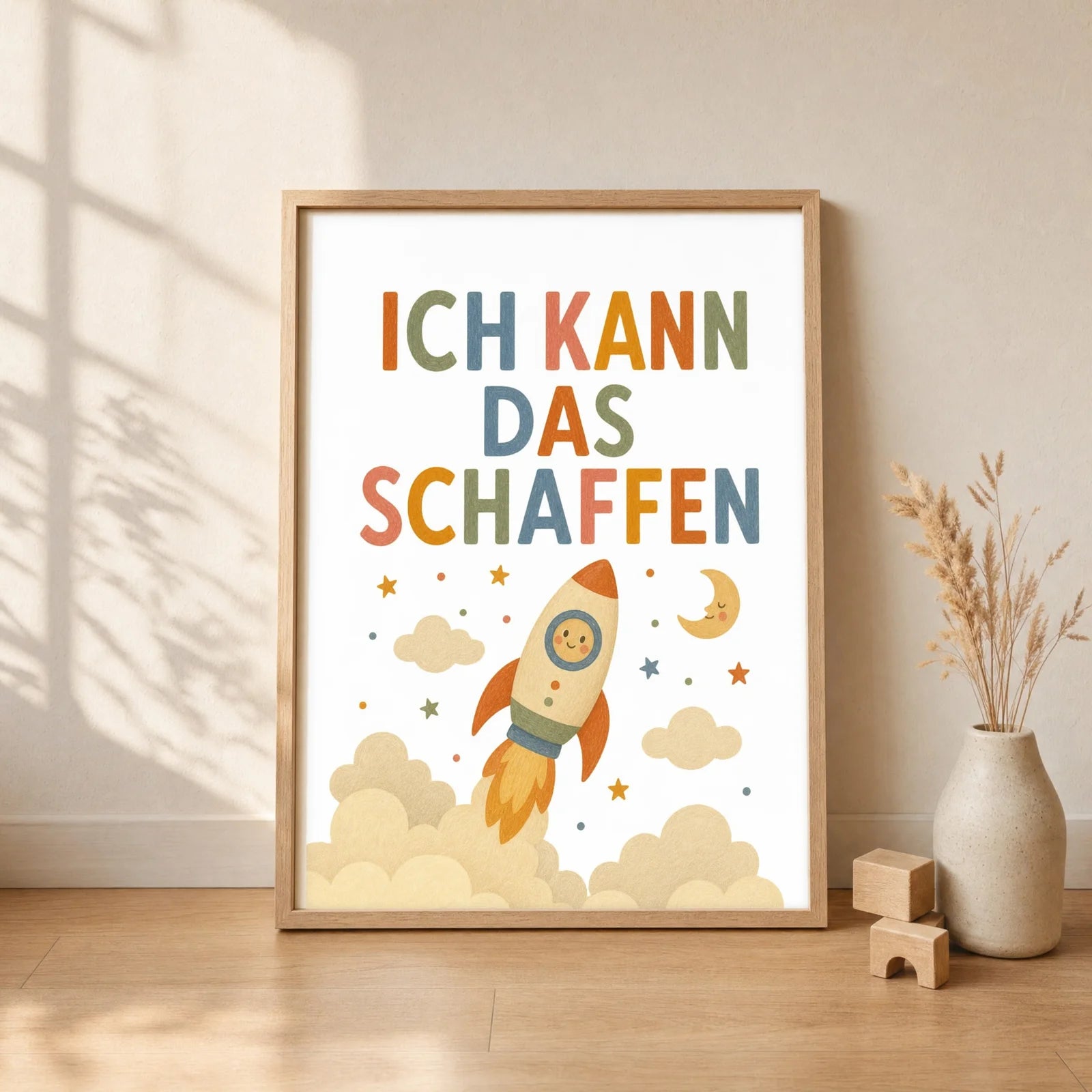 Affirmationsposter Kinderzimmer Rakete Ich kann das schaffen, gerahmt im Format 30 x 40 cm