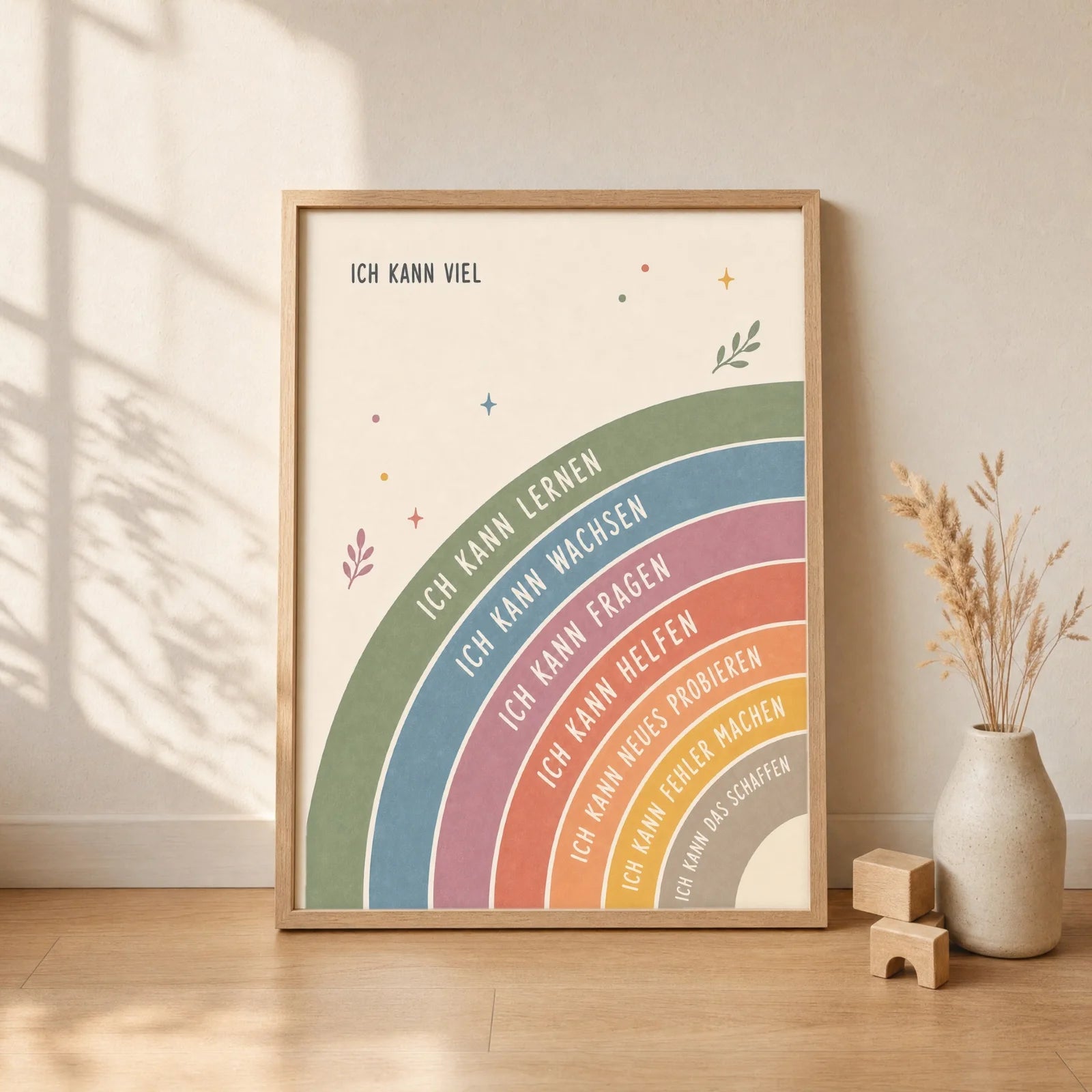 Affirmationsposter Kinderzimmer Regenbogen Ich kann viel, gerahmt im Format 30 x 40 cm