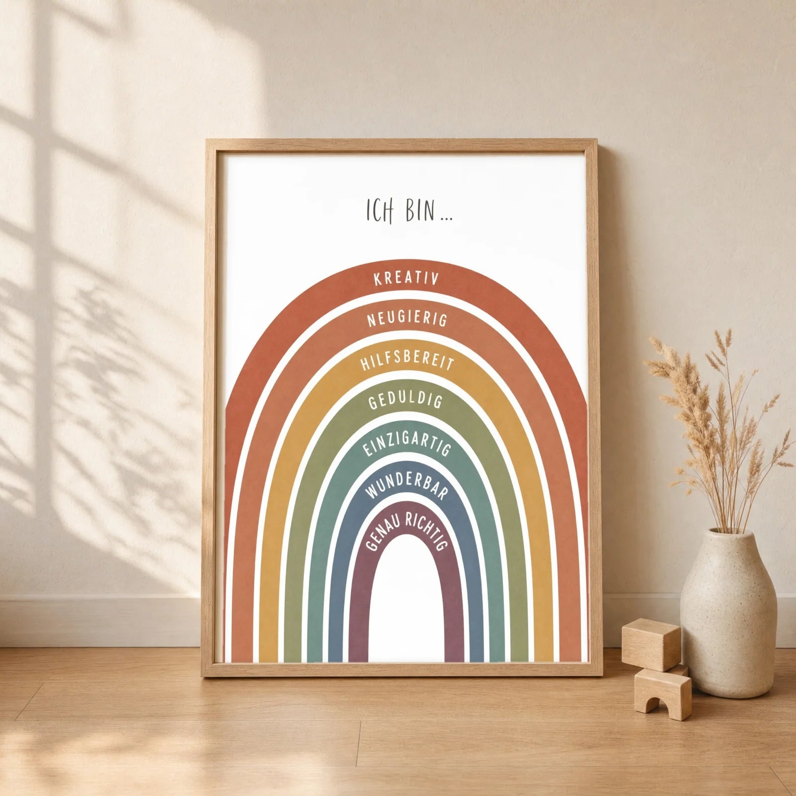 Affirmationsposter Kinderzimmer Regenbogen Terracotta, gerahmt im Format 30 x 40 cm