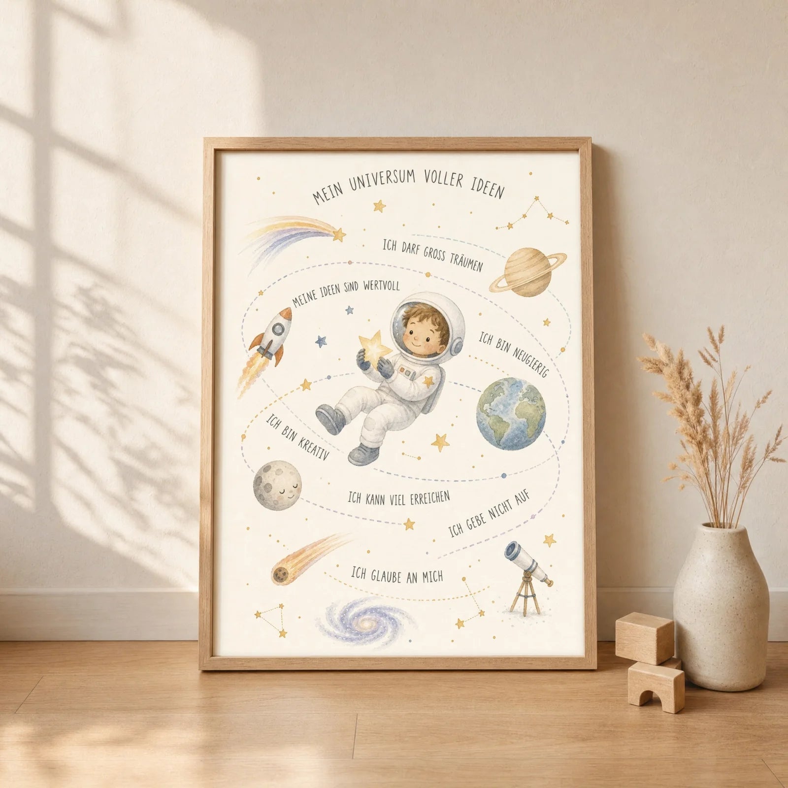 Affirmationsposter Kinderzimmer Universum voller Ideen, gerahmt im Format 30 x 40 cm