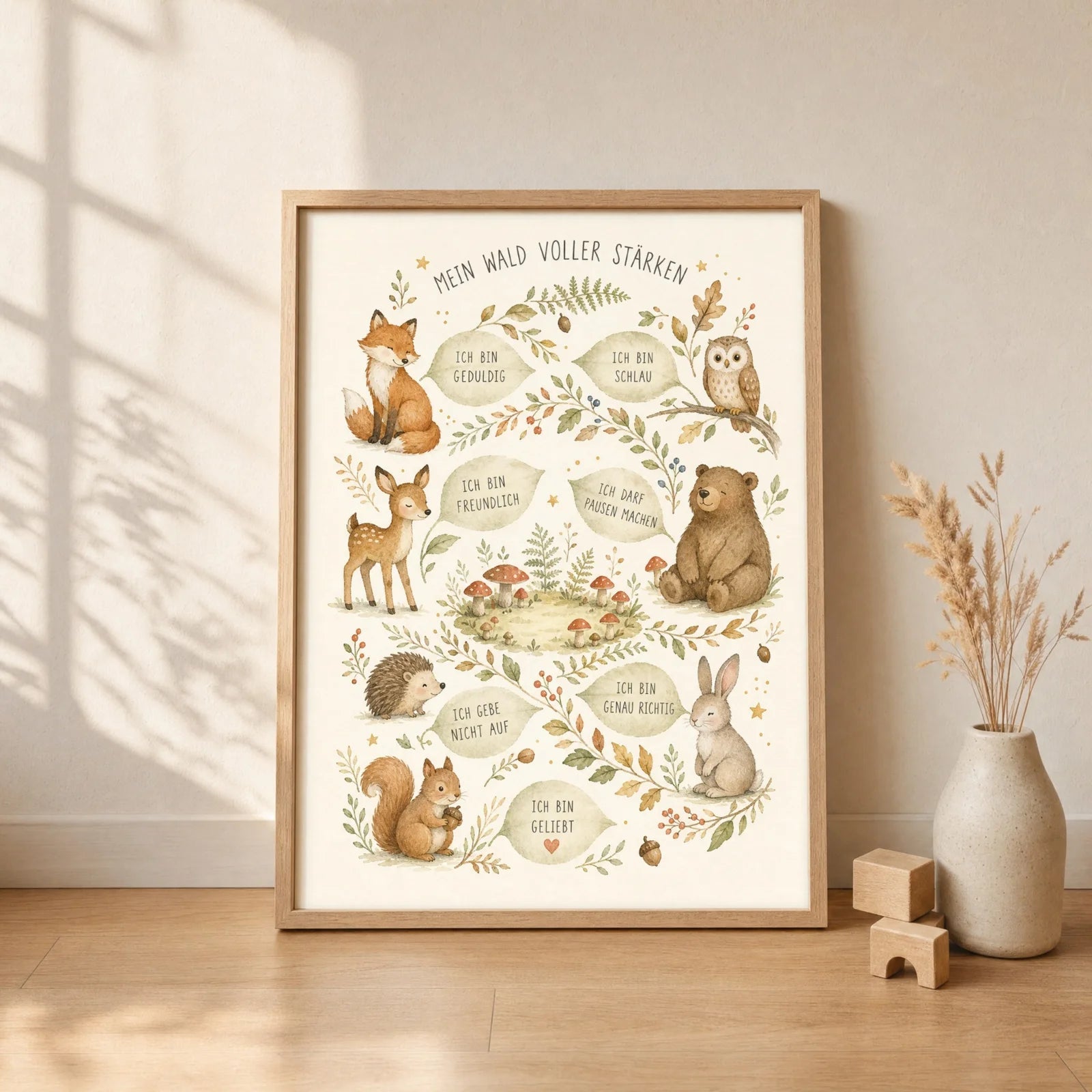 Affirmationsposter Kinderzimmer Wald voller StÀrken, gerahmt im Format 30 x 40 cm