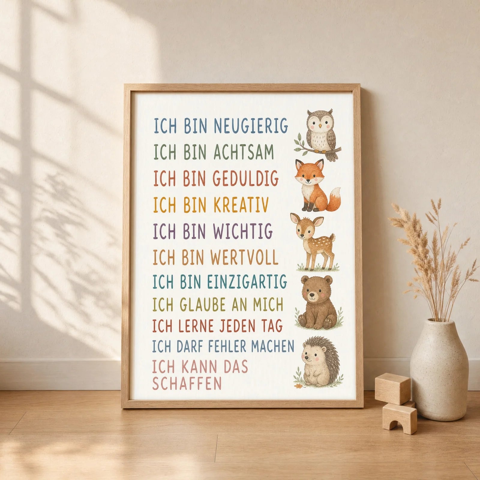 Affirmationsposter Kinderzimmer Waldtiere, gerahmt im Format 30 x 40 cm