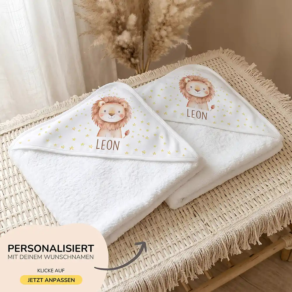 Personalisiertes Kapuzenhandtuch Baby Löwe Sterne â 500 g/qm Baumwoll-Frottee Detail