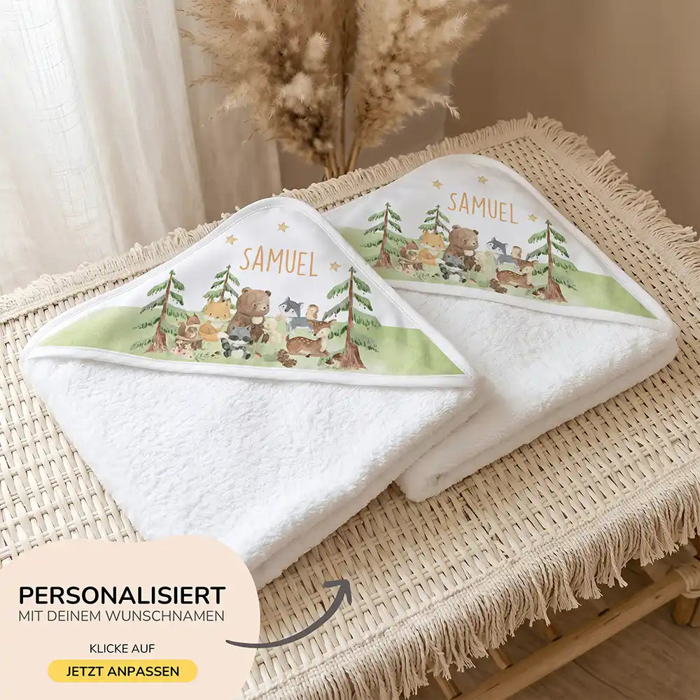 Personalisiertes Kapuzenhandtuch Baby Waldwiese Tiere â 500 g/qm Baumwoll-Frottee Detail