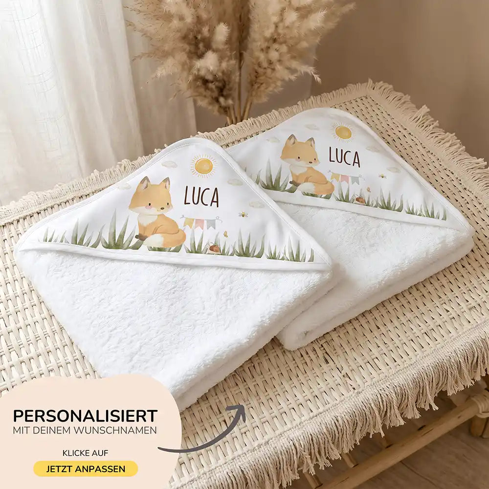 Personalisiertes Kapuzenhandtuch Baby Fuchs Wiese â 500 g/qm Baumwoll-Frottee Detail