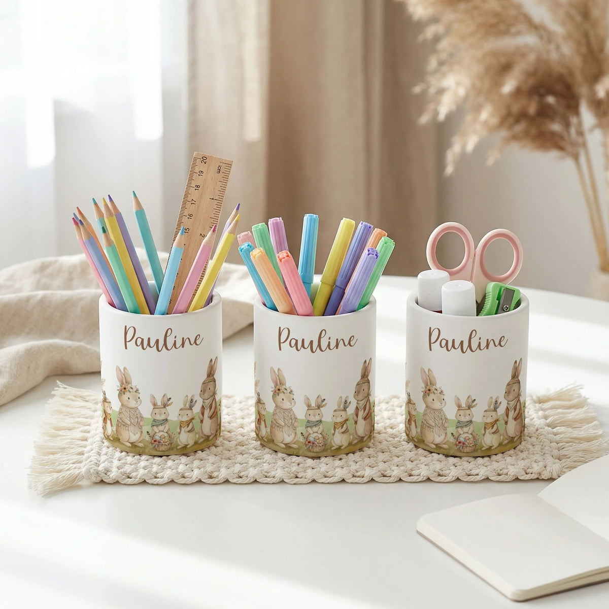 Personalisierter Stiftehalter Boho-Hasen â Keramik mit Wunschname