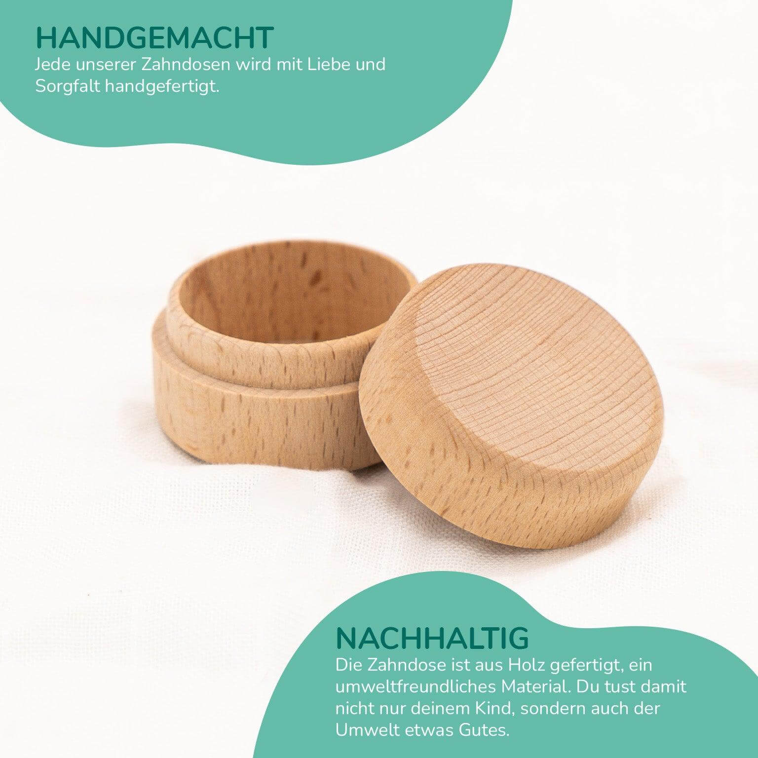 Handgefertigte Zahndose aus Holz, nachhaltig und personalisiert für die ersten Wackelzähne von Kindern.