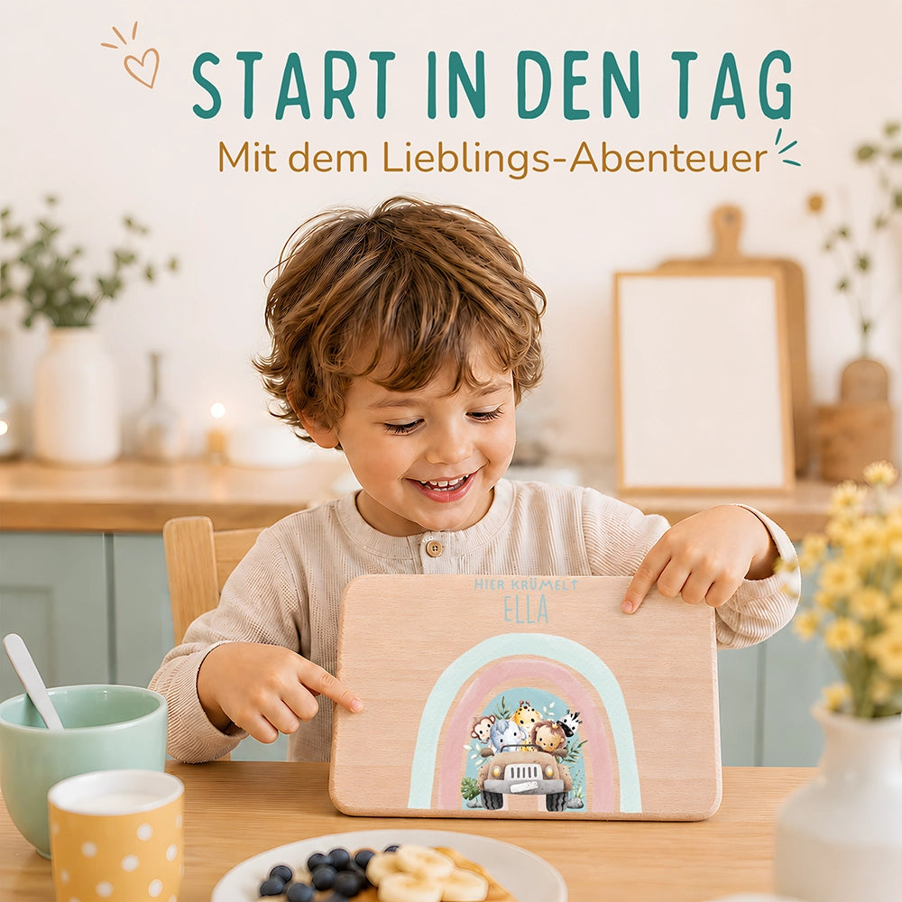 FrĂĽhstĂĽcksbrettchen Holz personalisiert - Regenbogen Safari