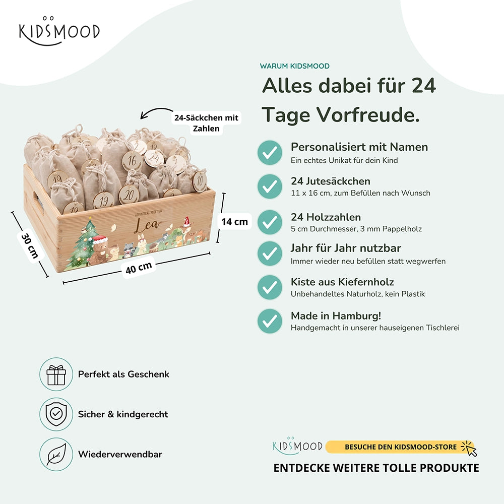 Adventskalender zum Befüllen "Weihnachten mit winterlichen Tierfreunden" personalisiert
