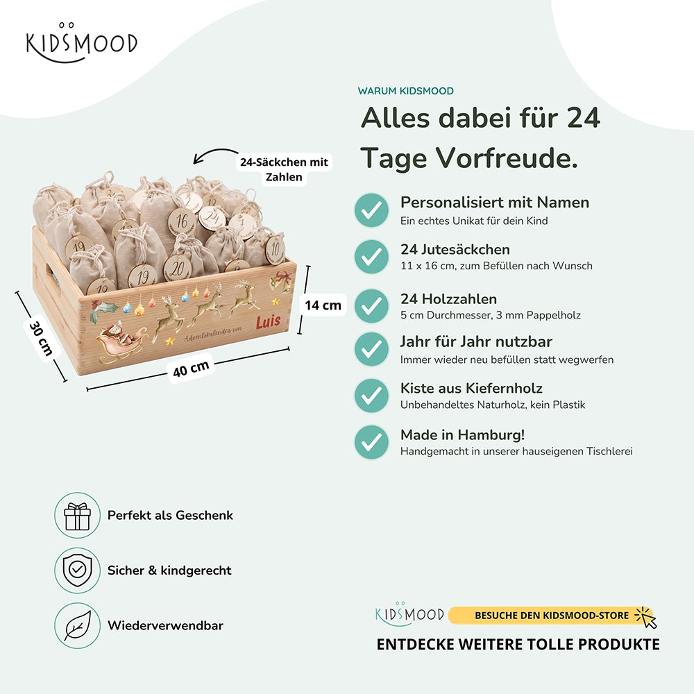 Personalisierter Adventskalender zum Befüllen - Rentier mit Schlitten