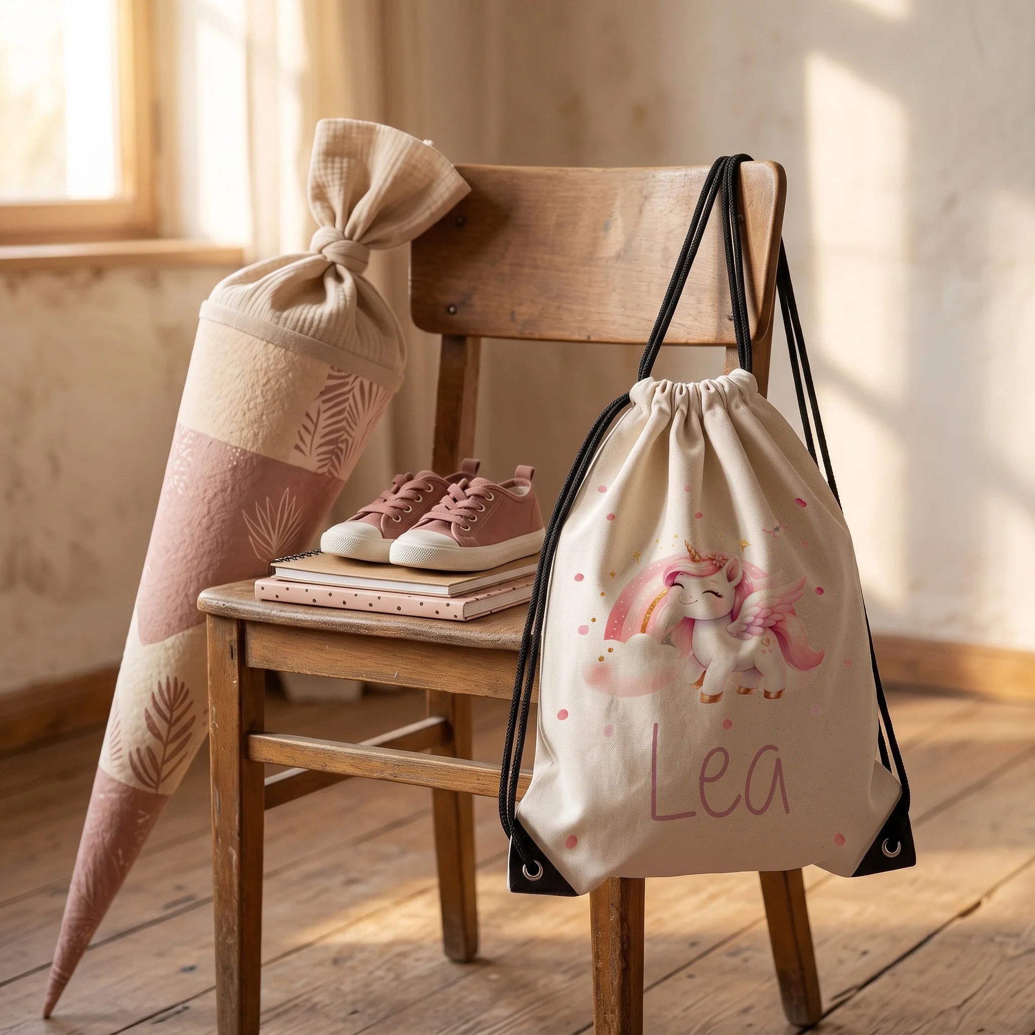 Personalisierter Turnbeutel Zauberhaftes Einhorn, Geschenkidee zur Einschulung neben der Schultüte
