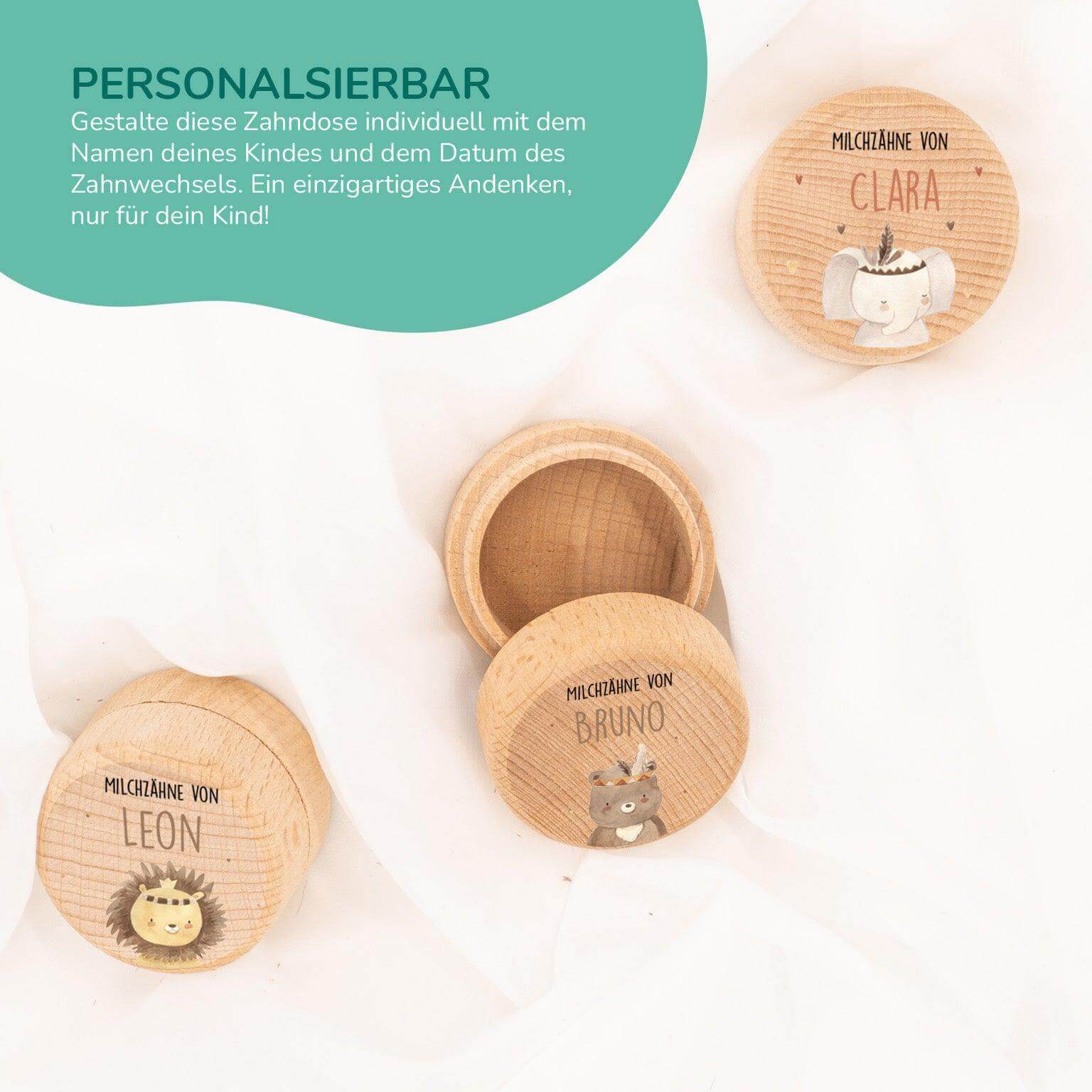 Milchzahndose personalisiert aus Holz Bunt Boho Design