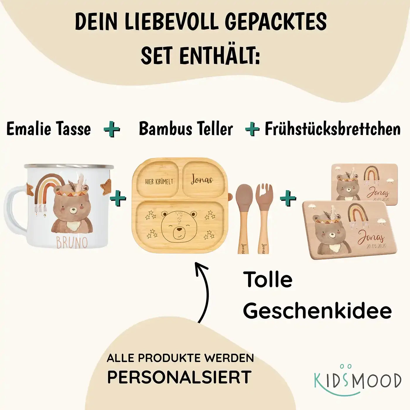 Frühstücks-Starter Set - Boho Bär: Tasse, Brettchen und Kinderteller