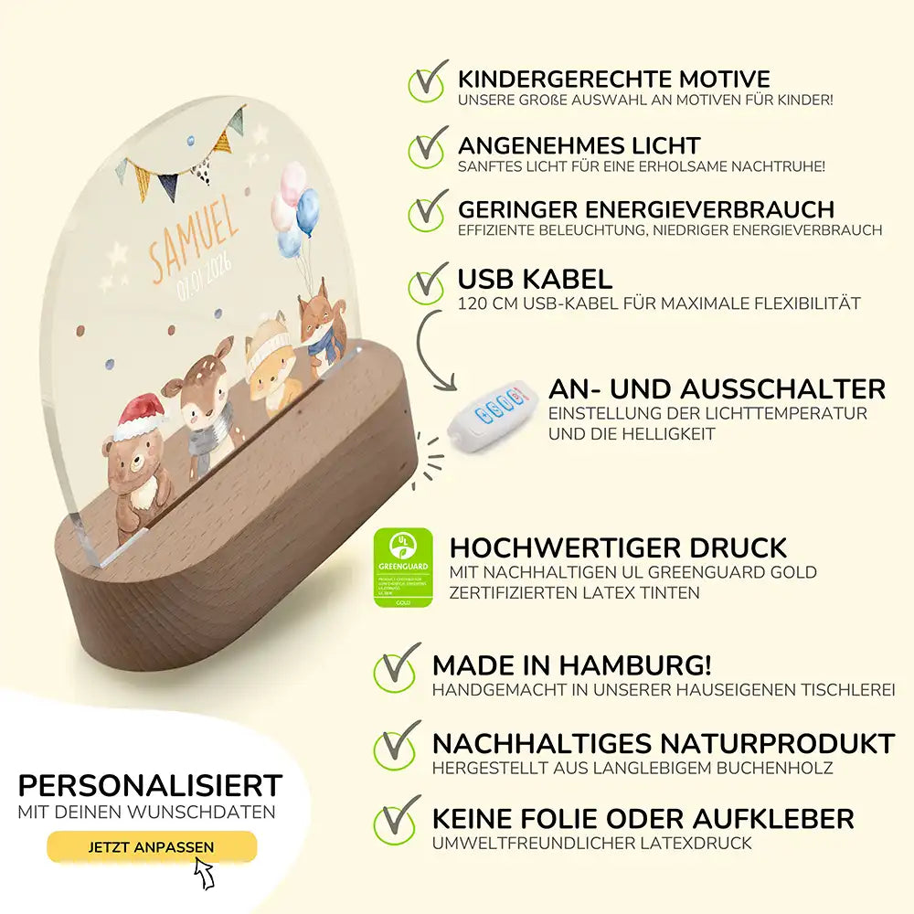 Nachtlicht Kinder personalisiert - Fröhliche Tierwelt