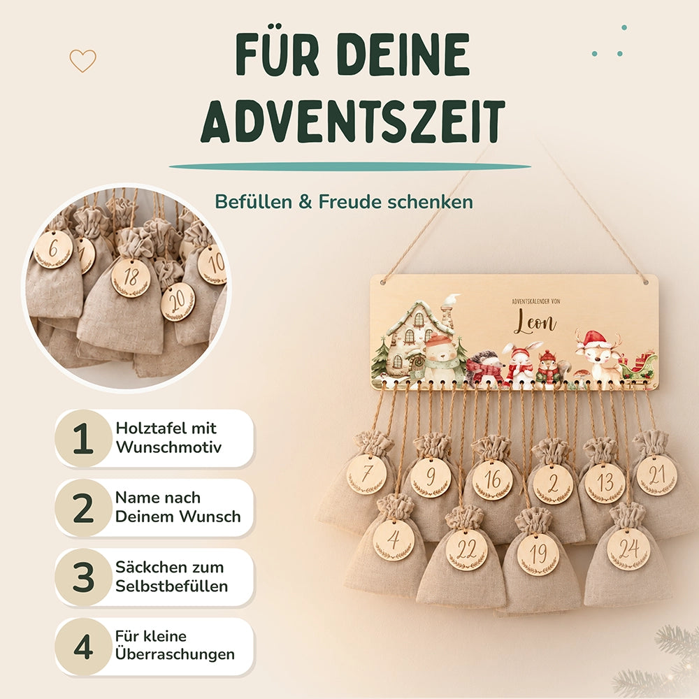 Personalisierbarer Adventskalender farbig - Fröhliche Tierfamilie
