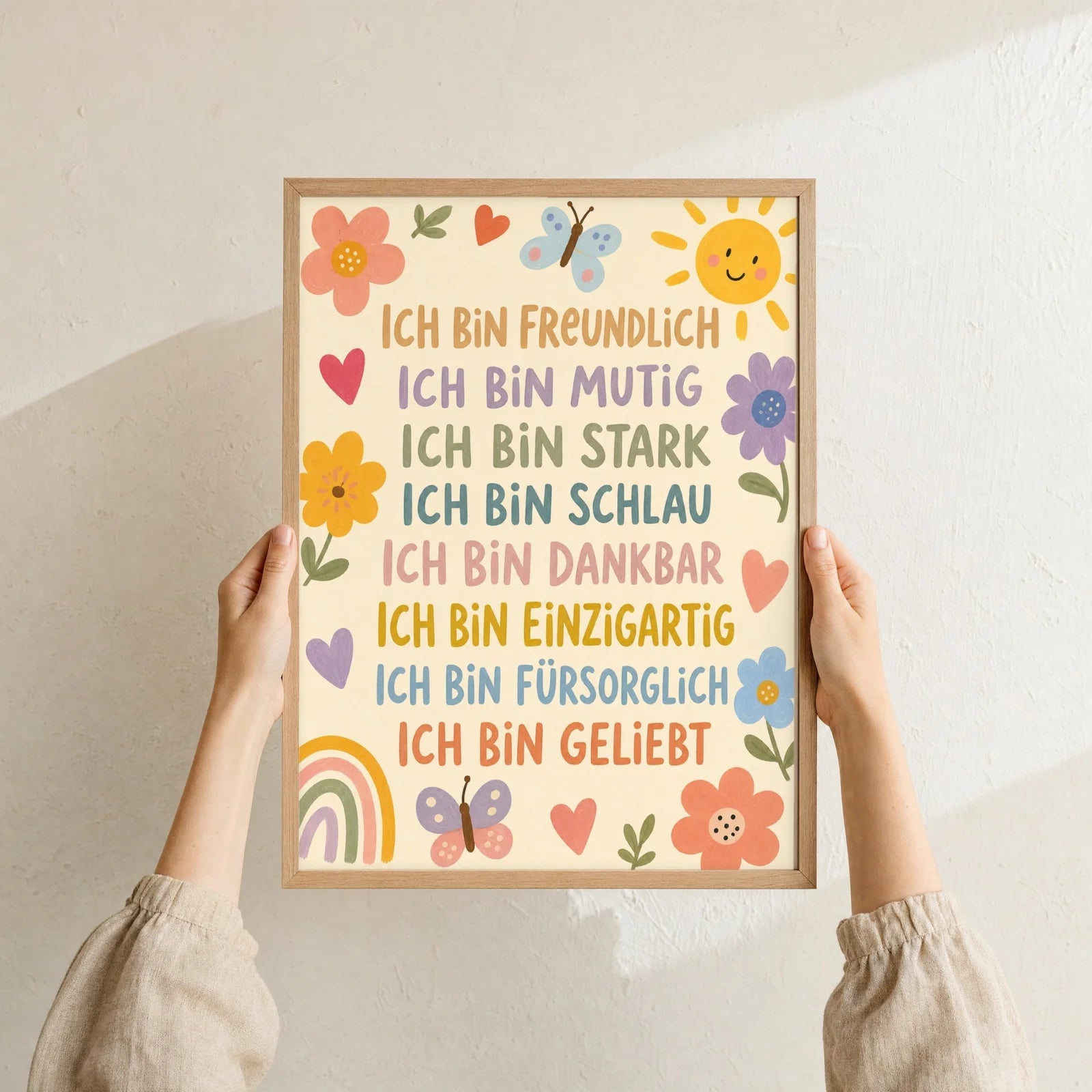Affirmationsposter Kinderzimmer Blumenwiese Ich bin freundlich, Format 30 x 40 cm, Rahmen optional