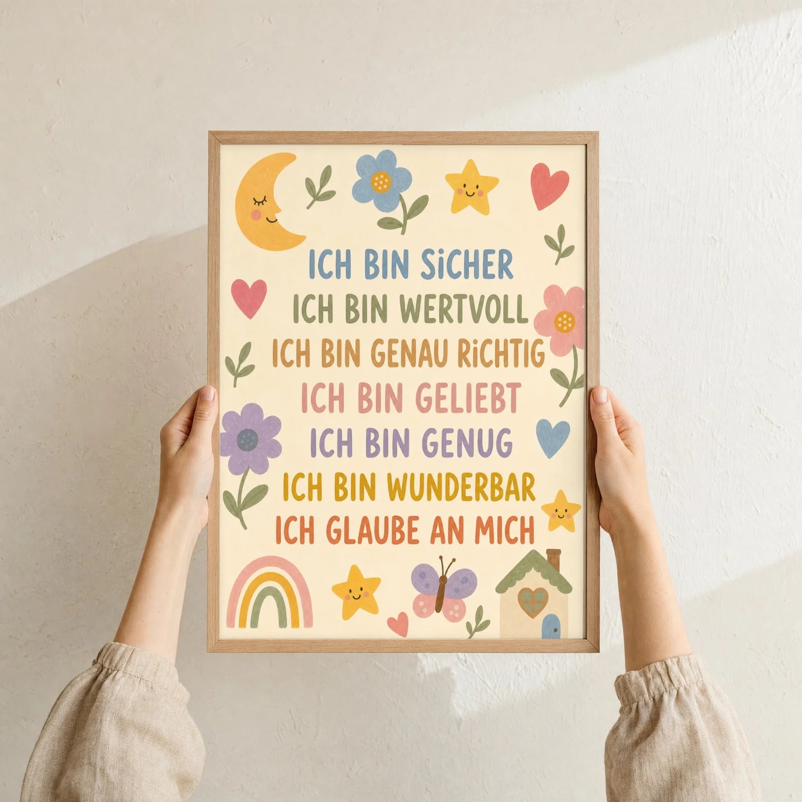 Affirmationsposter Kinderzimmer Blumenwiese Ich bin sicher, Format 30 x 40 cm, Rahmen optional