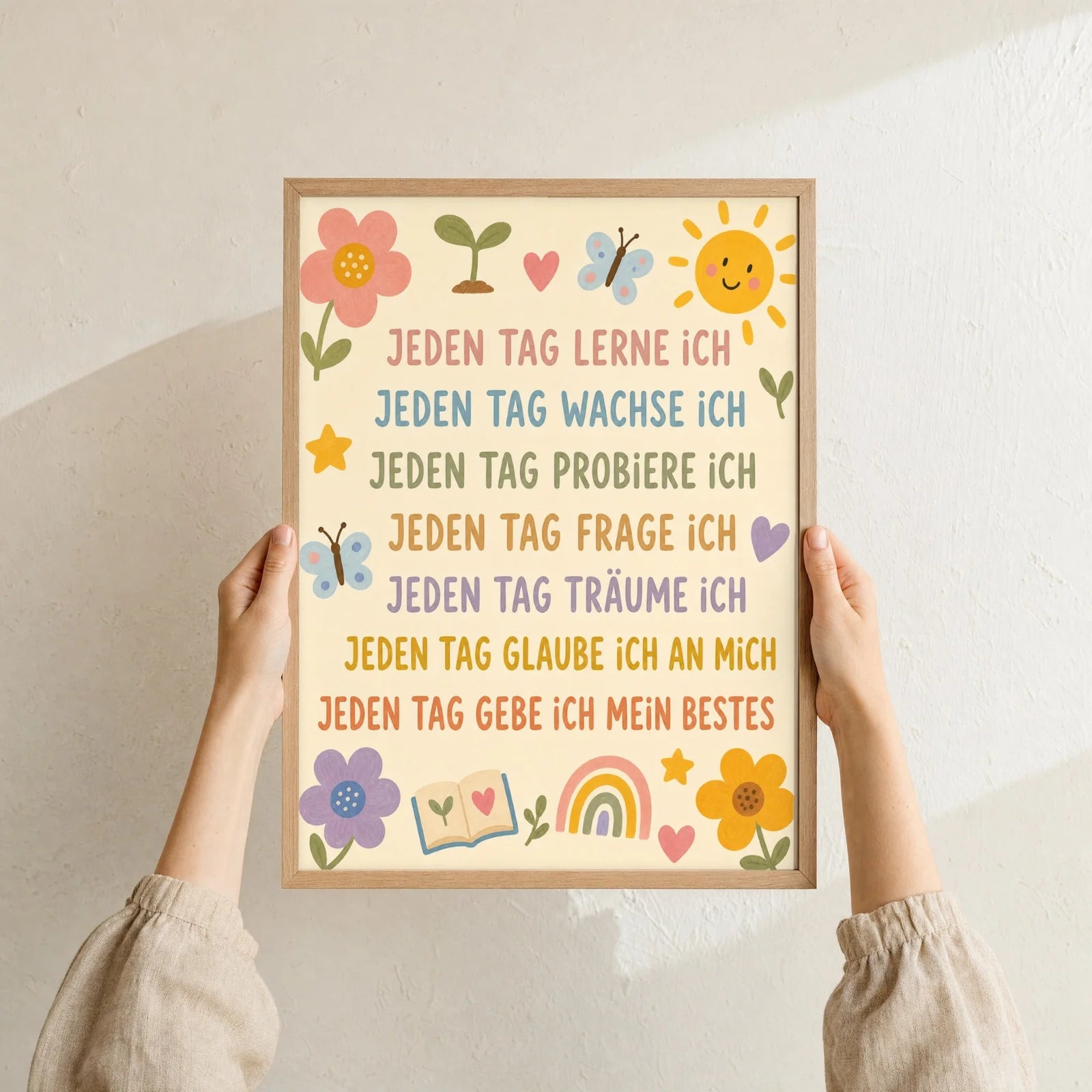 Affirmationsposter Kinderzimmer Blumenwiese Jeden Tag, Format 30 x 40 cm, Rahmen optional