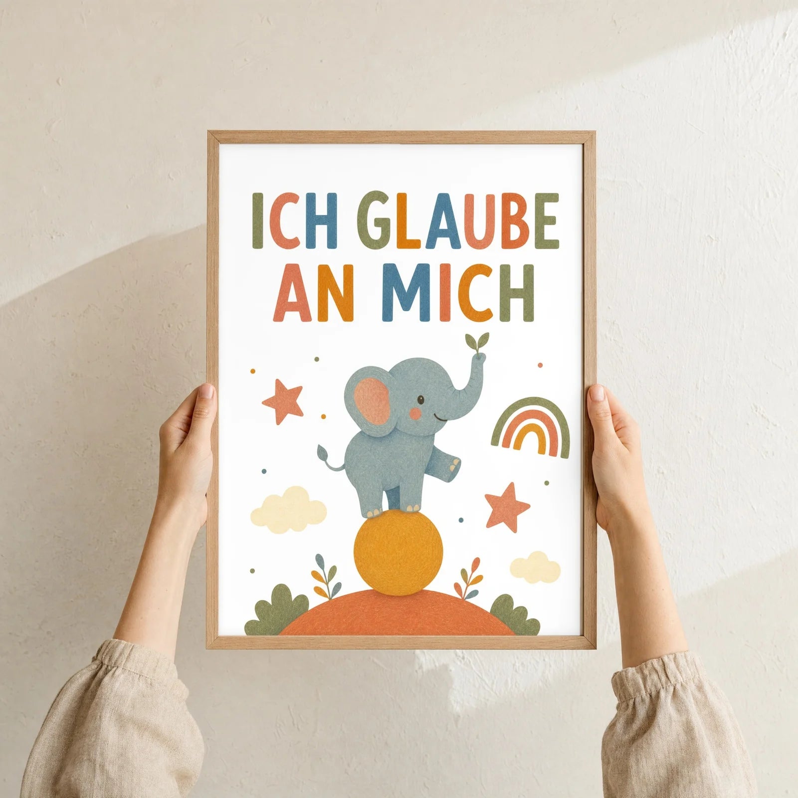 Affirmationsposter Kinderzimmer Elefant Ich glaube an mich, Format 30 x 40 cm, Rahmen optional