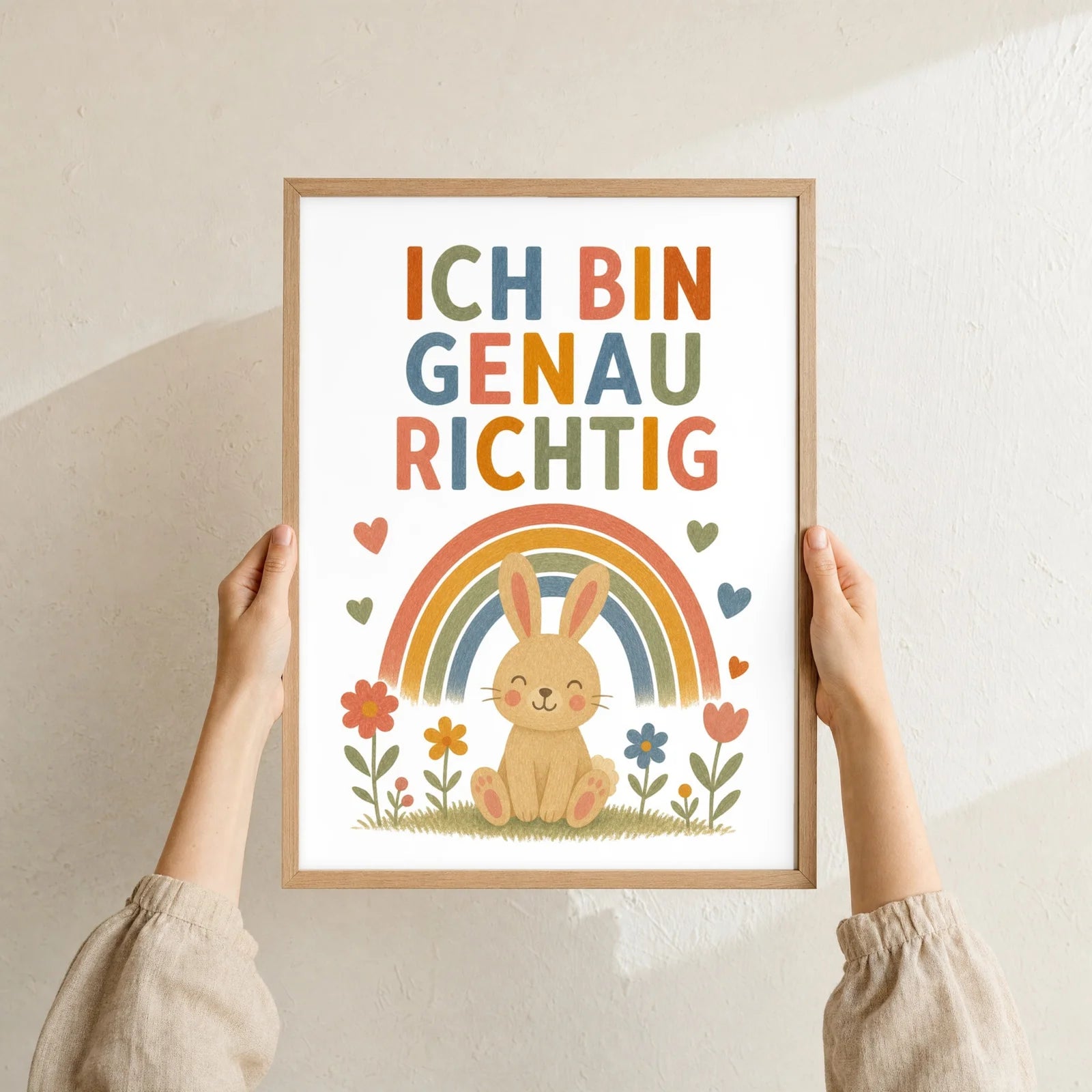 Affirmationsposter Kinderzimmer Hase Ich bin genau richtig, Format 30 x 40 cm, Rahmen optional