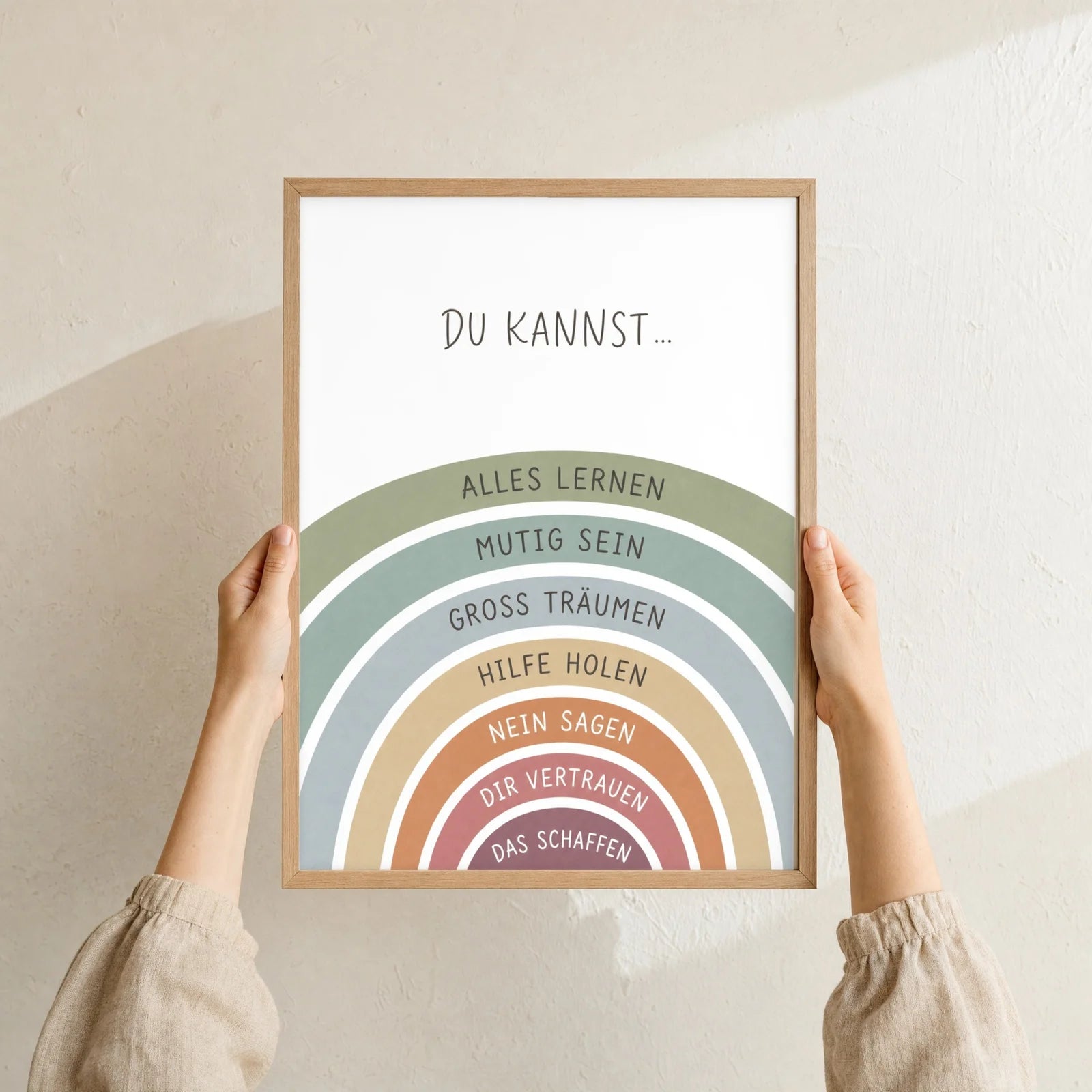 Affirmationsposter Kinderzimmer Regenbogen Du kannst, Format 30 x 40 cm, Rahmen optional
