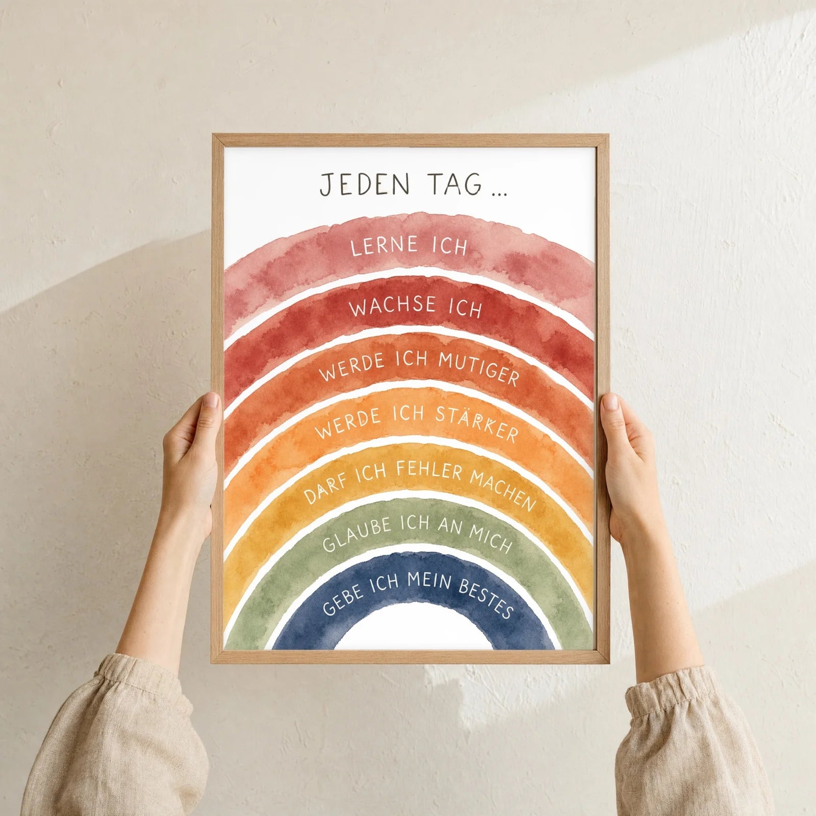 Affirmationsposter Kinderzimmer Regenbogen Jeden Tag, Format 30 x 40 cm, Rahmen optional