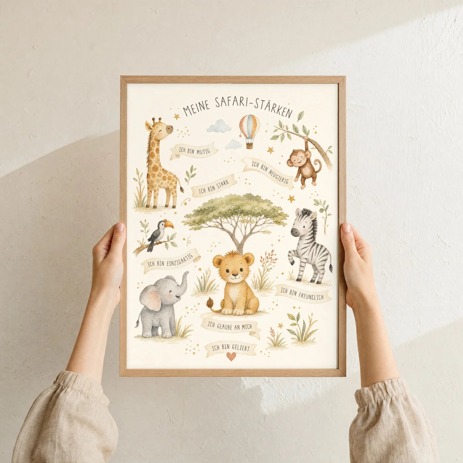 Affirmationsposter Kinderzimmer Safari-StÀrken, Format 30 x 40 cm, Rahmen optional