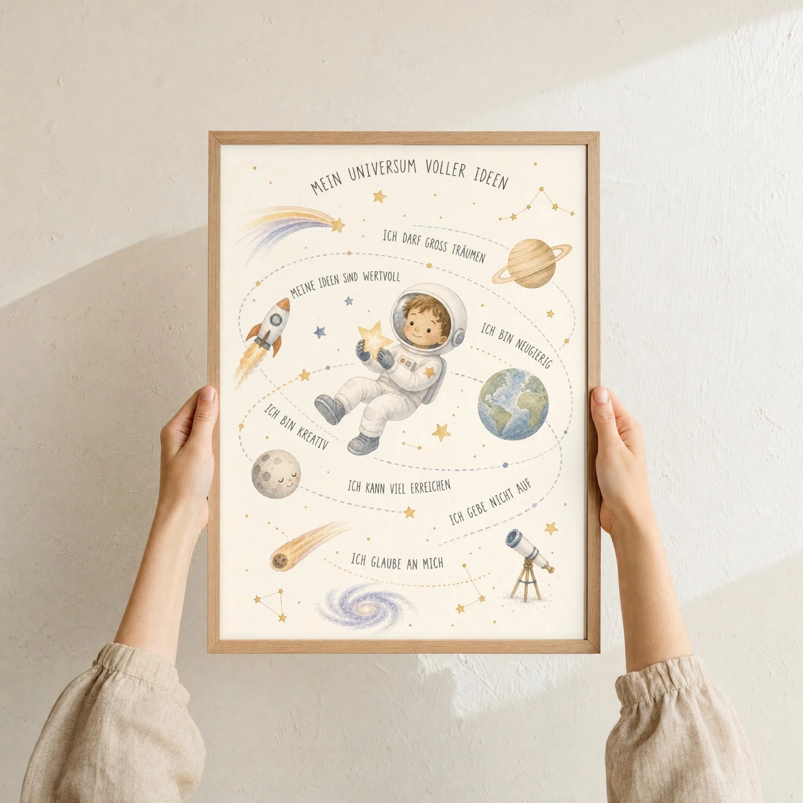 Affirmationsposter Kinderzimmer Universum voller Ideen, Format 30 x 40 cm, Rahmen optional