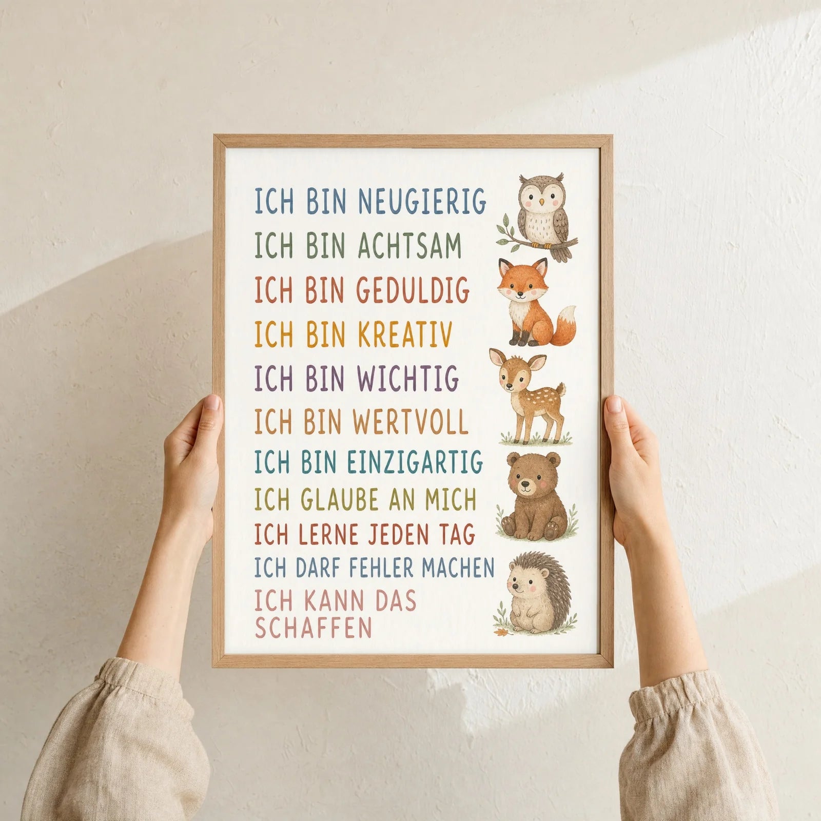 Affirmationsposter Kinderzimmer Waldtiere, Format 30 x 40 cm, Rahmen optional