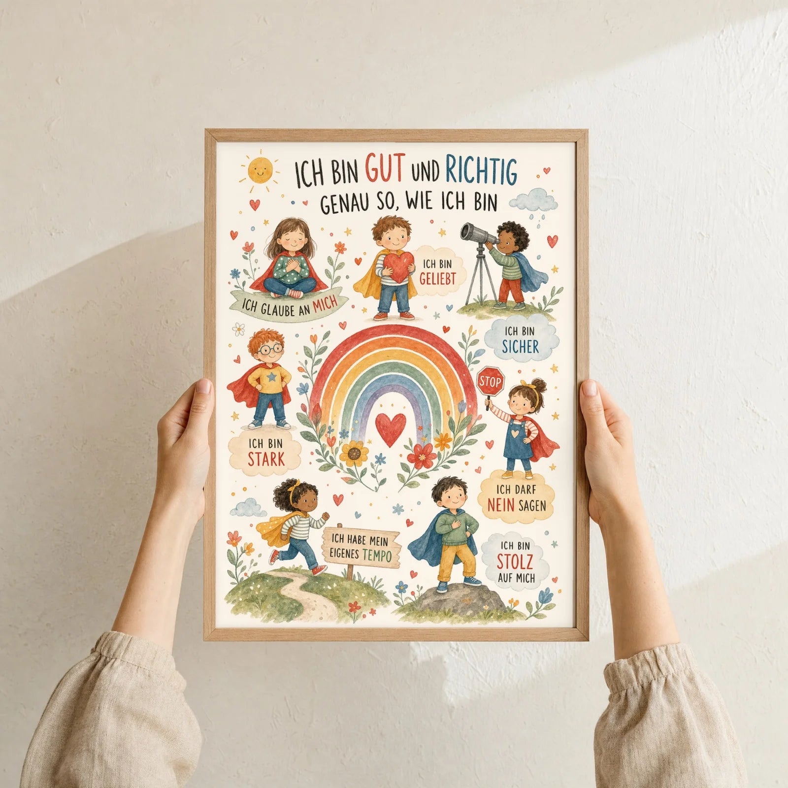 Affirmationsposter Kinderzimmer Wimmelbild Ich bin gut und richtig, Format 30 x 40 cm, Rahmen optional
