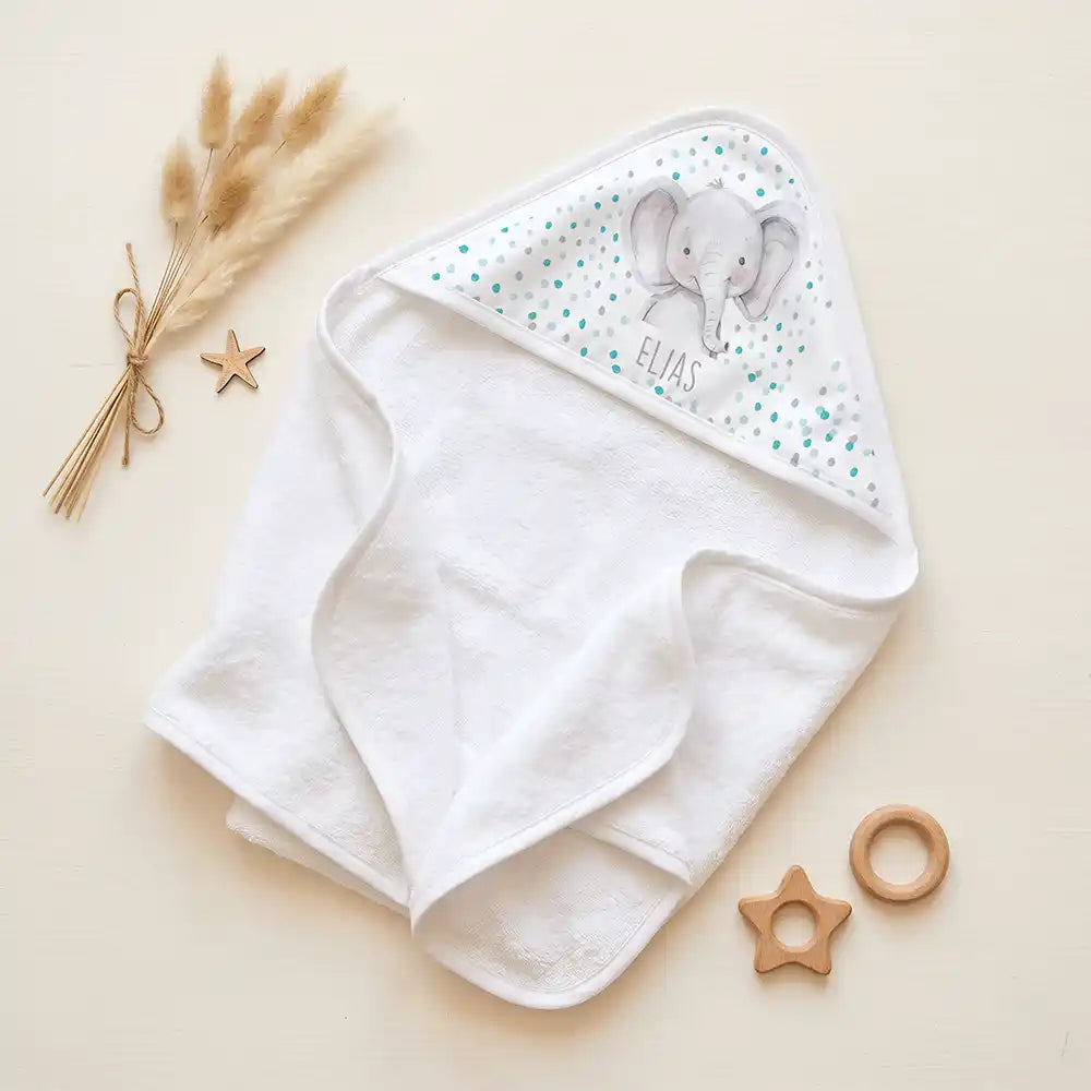 Personalisiertes Kapuzenhandtuch Baby Elefant Konfetti â Set fĂŒr Zwillinge im Rattan-Look