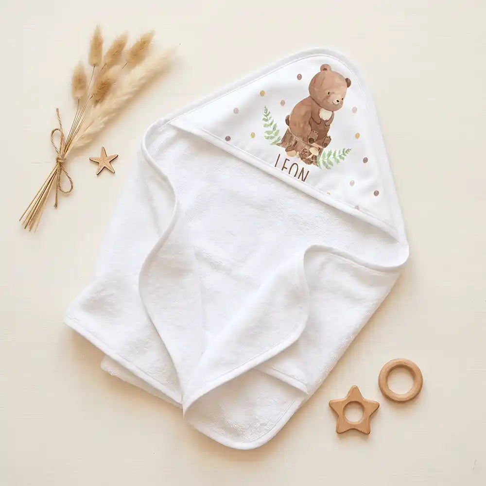 Personalisiertes Kapuzenhandtuch Baby BĂ€r Farn â Set fĂŒr Zwillinge im Rattan-Look