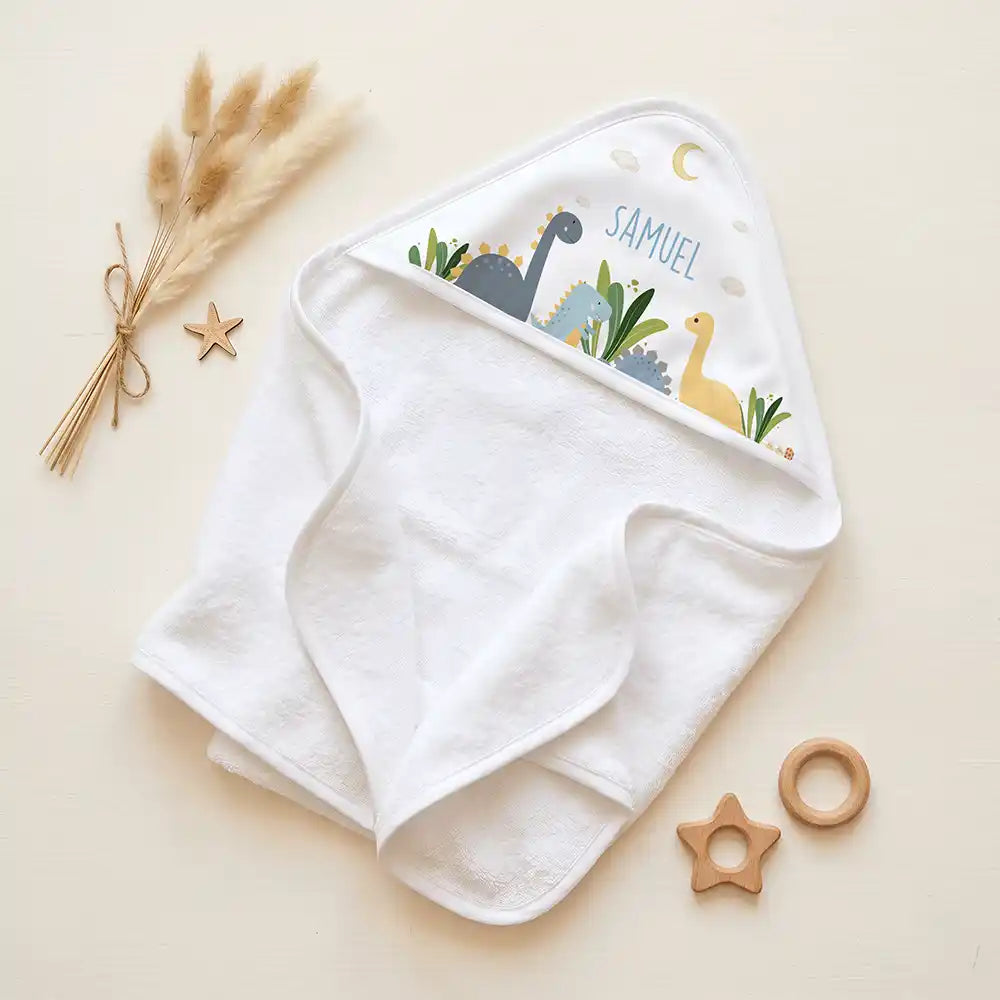 Personalisiertes Kapuzenhandtuch Baby Dinosaurier Mond â Set fĂŒr Zwillinge im Rattan-Look
