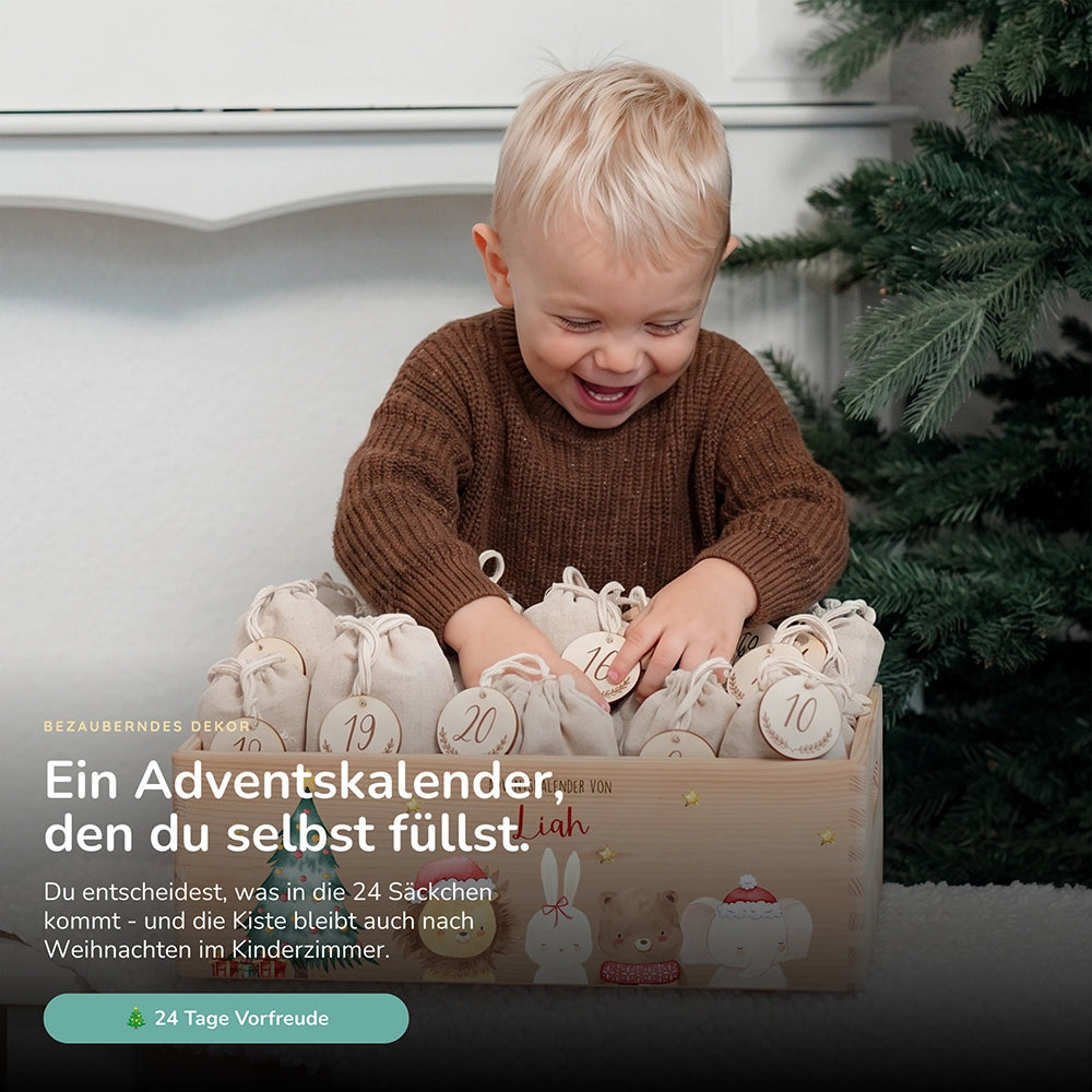 Adventskalender zum Befüllen "Weihnachten mit weihnachtlichem Tiertrio" personalisiert
