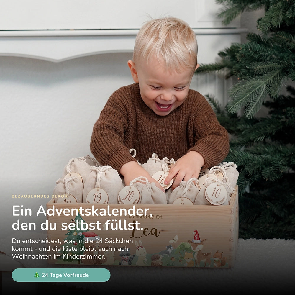 Adventskalender zum Befüllen "Weihnachten mit winterlichen Tierfreunden" personalisiert