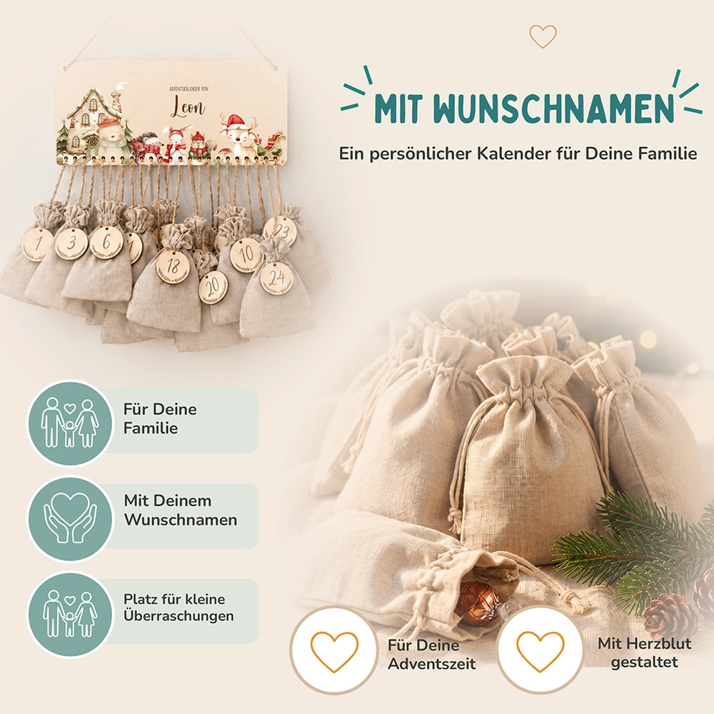 Personalisierbarer Adventskalender farbig - Fröhliche Tierfamilie