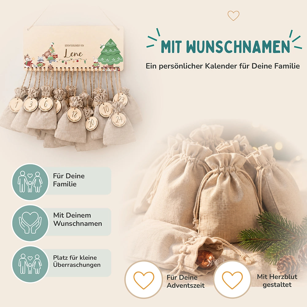 Personalisierbarer Adventskalender farbig - Weihnachtsbaum Tiere