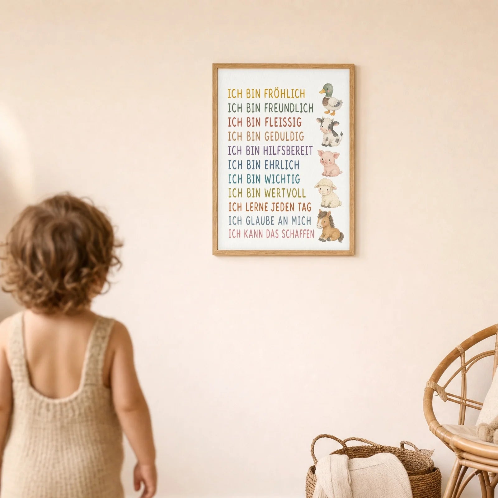 Affirmationsposter Kinderzimmer Bauernhoftiere, im Detail auf 300 g Papier