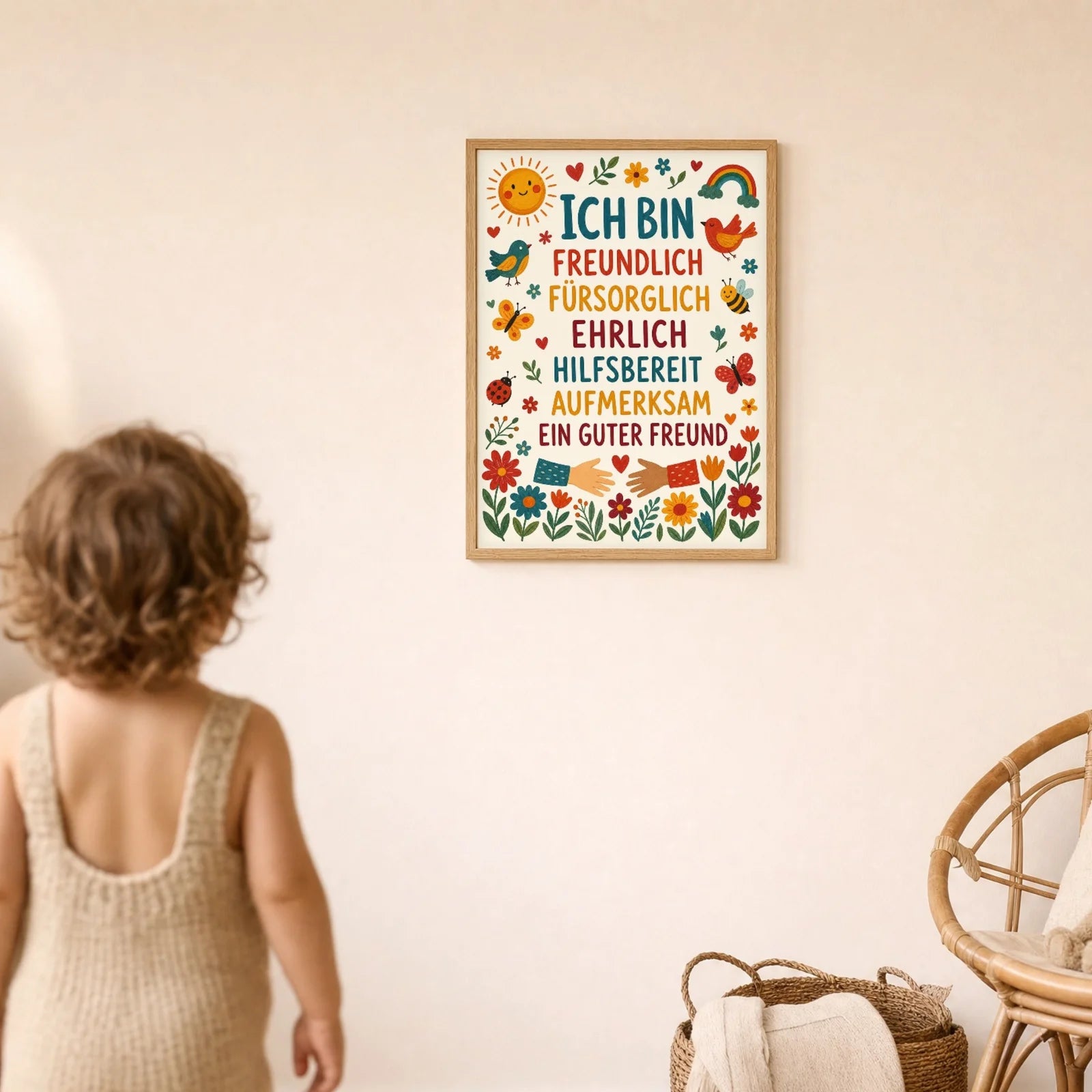 Affirmationsposter Kinderzimmer Blumen Ich bin freundlich, im Detail auf 300 g Papier
