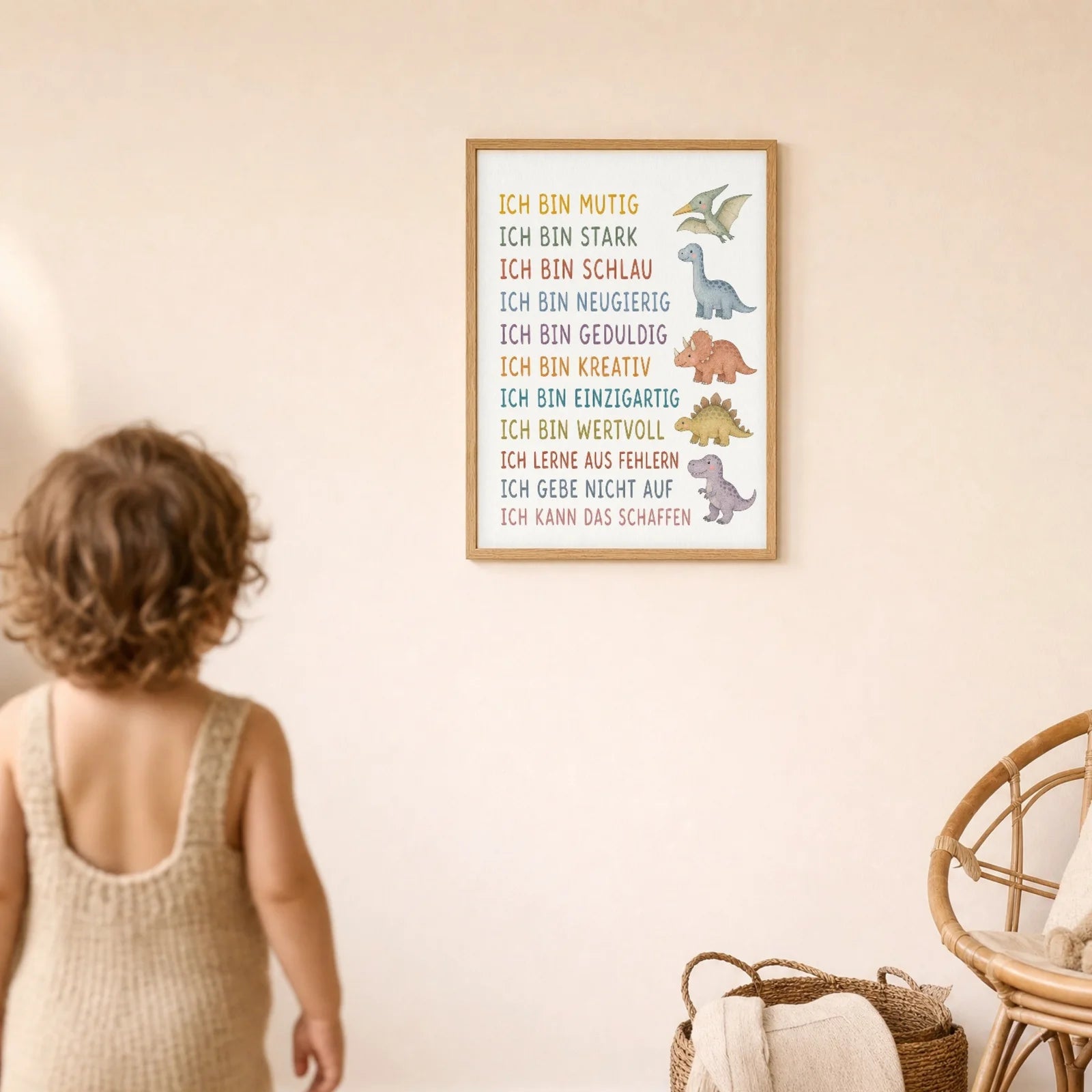 Affirmationsposter Kinderzimmer Dinos, im Detail auf 300 g Papier