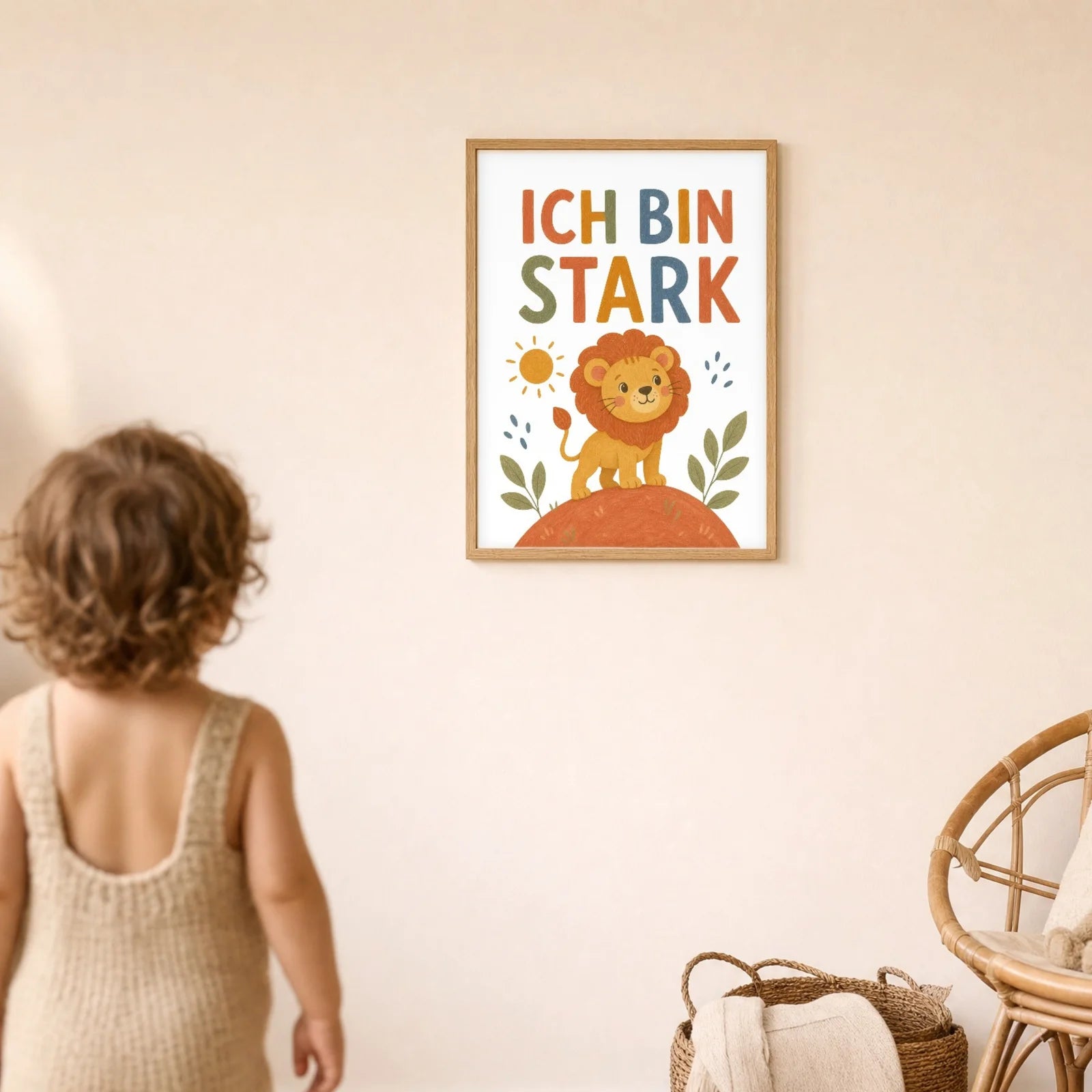 Affirmationsposter Kinderzimmer Löwe Ich bin stark, im Detail auf 300 g Papier