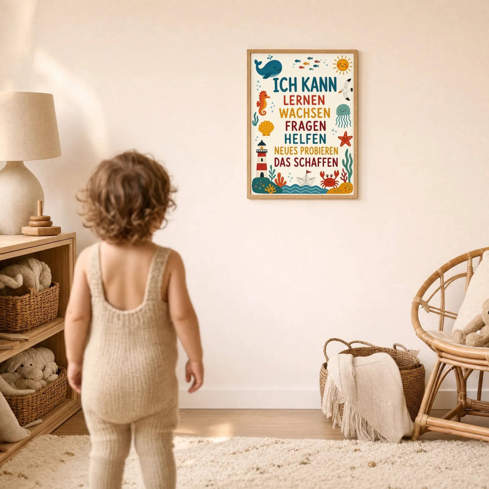 Affirmationsposter Kinderzimmer Meer Ich kann lernen, im Detail auf 300 g Papier