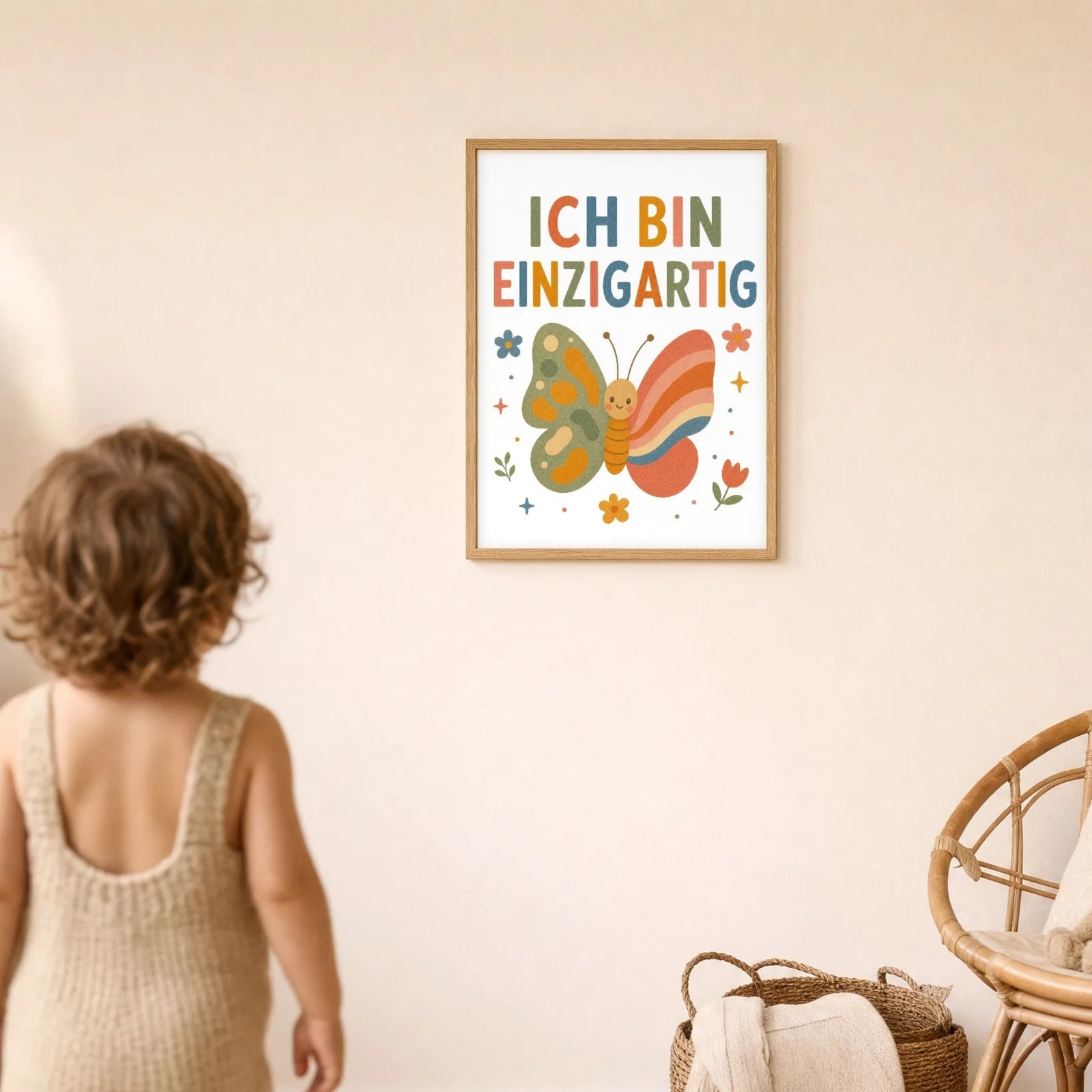 Affirmationsposter Kinderzimmer Schmetterling Ich bin ich, im Detail auf 300 g Papier