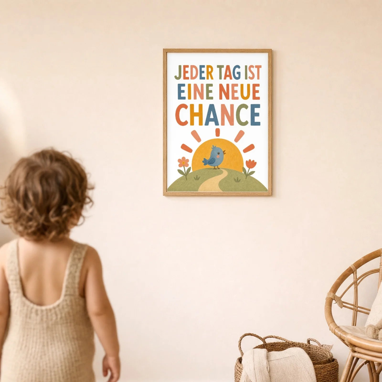 Affirmationsposter Kinderzimmer Vogel Jeder Tag neue Chance, im Detail auf 300 g Papier