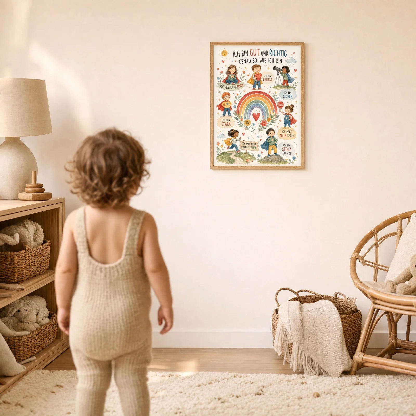 Affirmationsposter Kinderzimmer Wimmelbild Ich bin gut und richtig, im Detail auf 300 g Papier