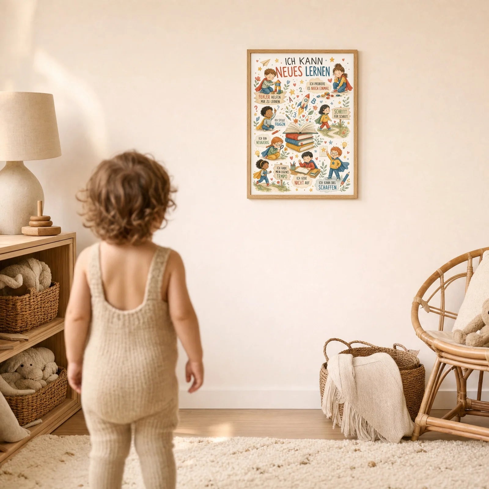 Affirmationsposter Kinderzimmer Wimmelbild Neues lernen, im Detail auf 300 g Papier